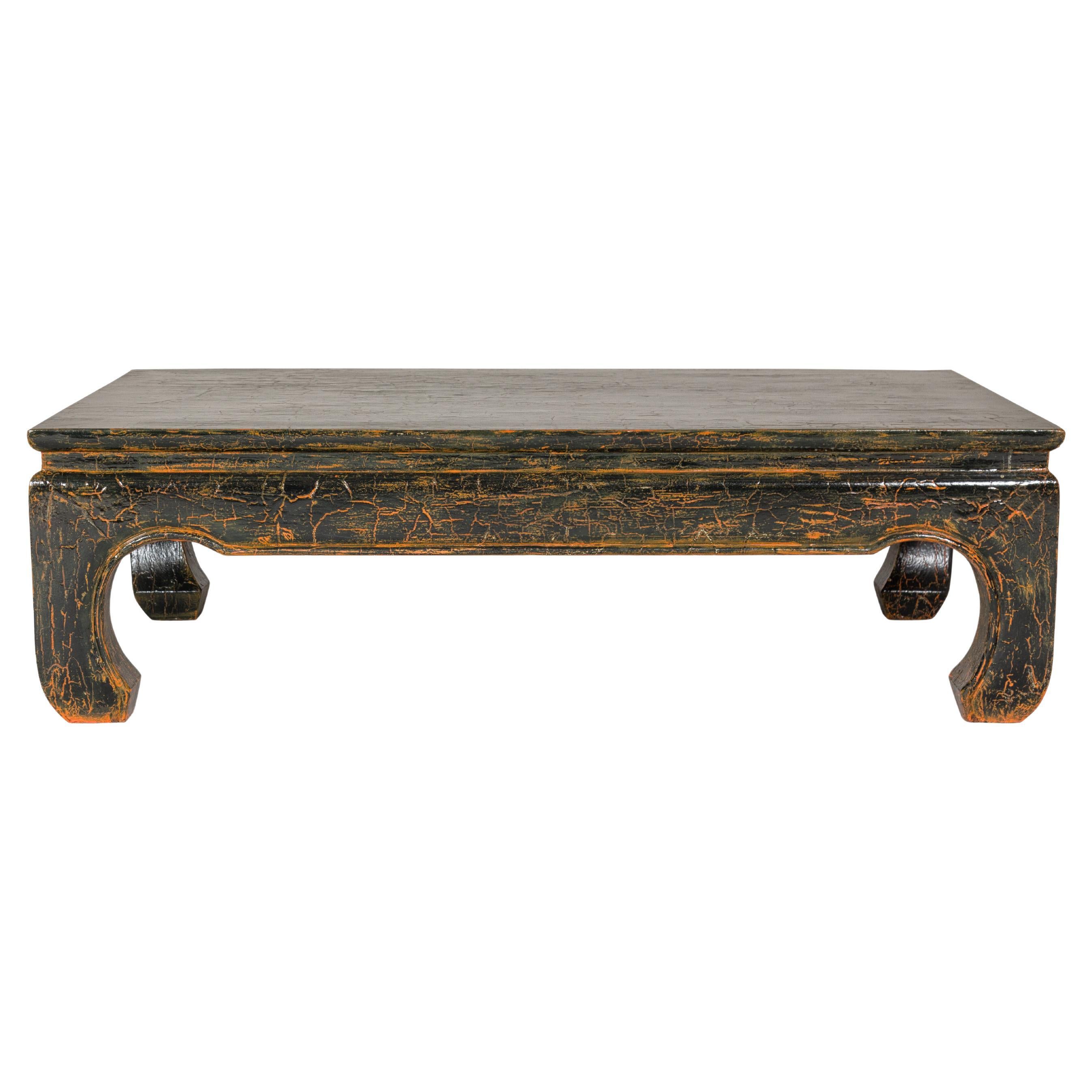 Vintage Chow Legs Distressed Black Coffee Table with Crackle Orange Finish For Sale
