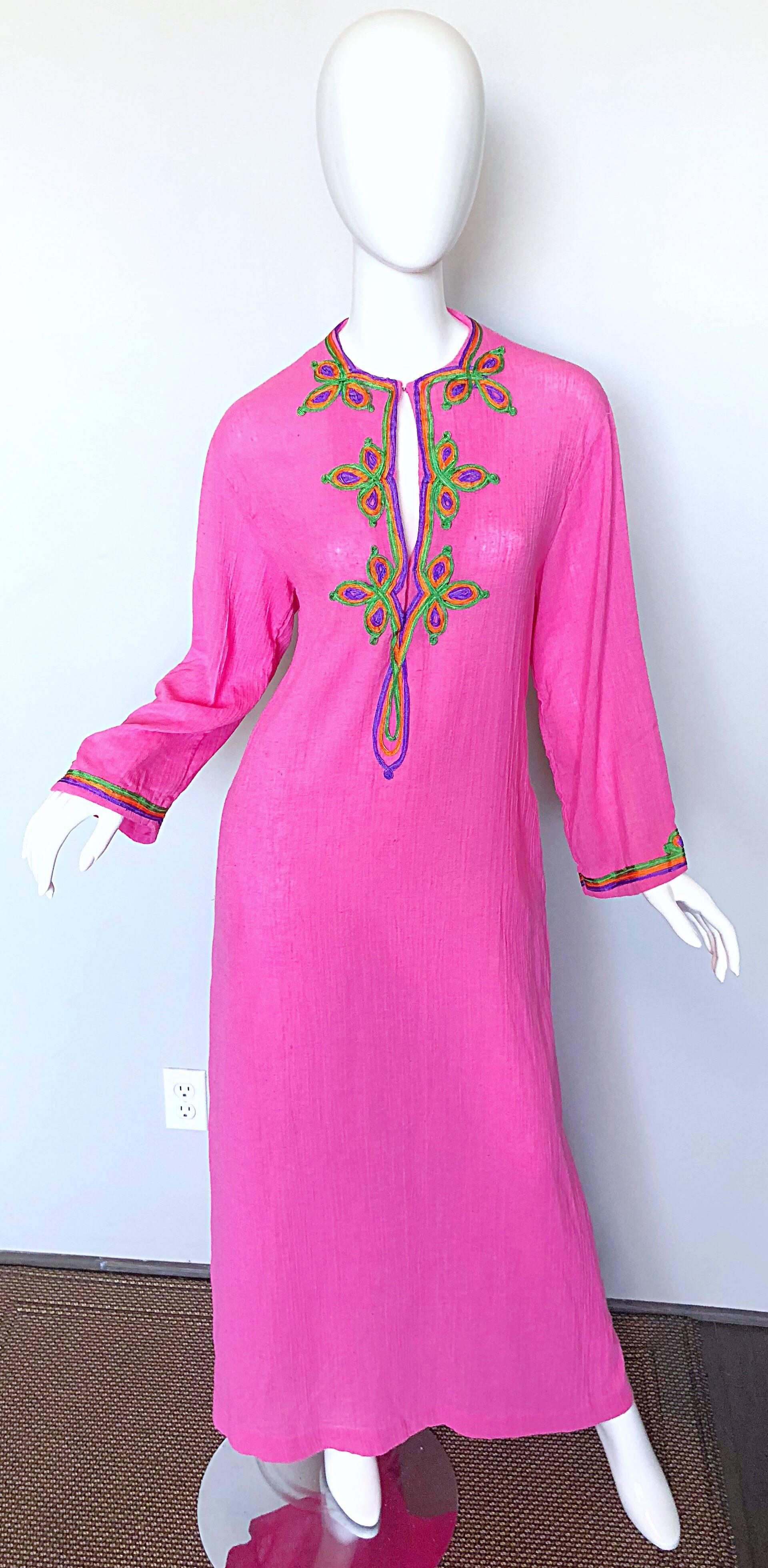 Sensational late 1960s CHRISTIAN DIOE bubblegum pink embroidered lightweight cotton kaftan / maxi dress! Fabulous Moroccan inspiration, with colorful hand embroidery of purple, green and orange down the bodice, around the neck and sleeve cuffs.