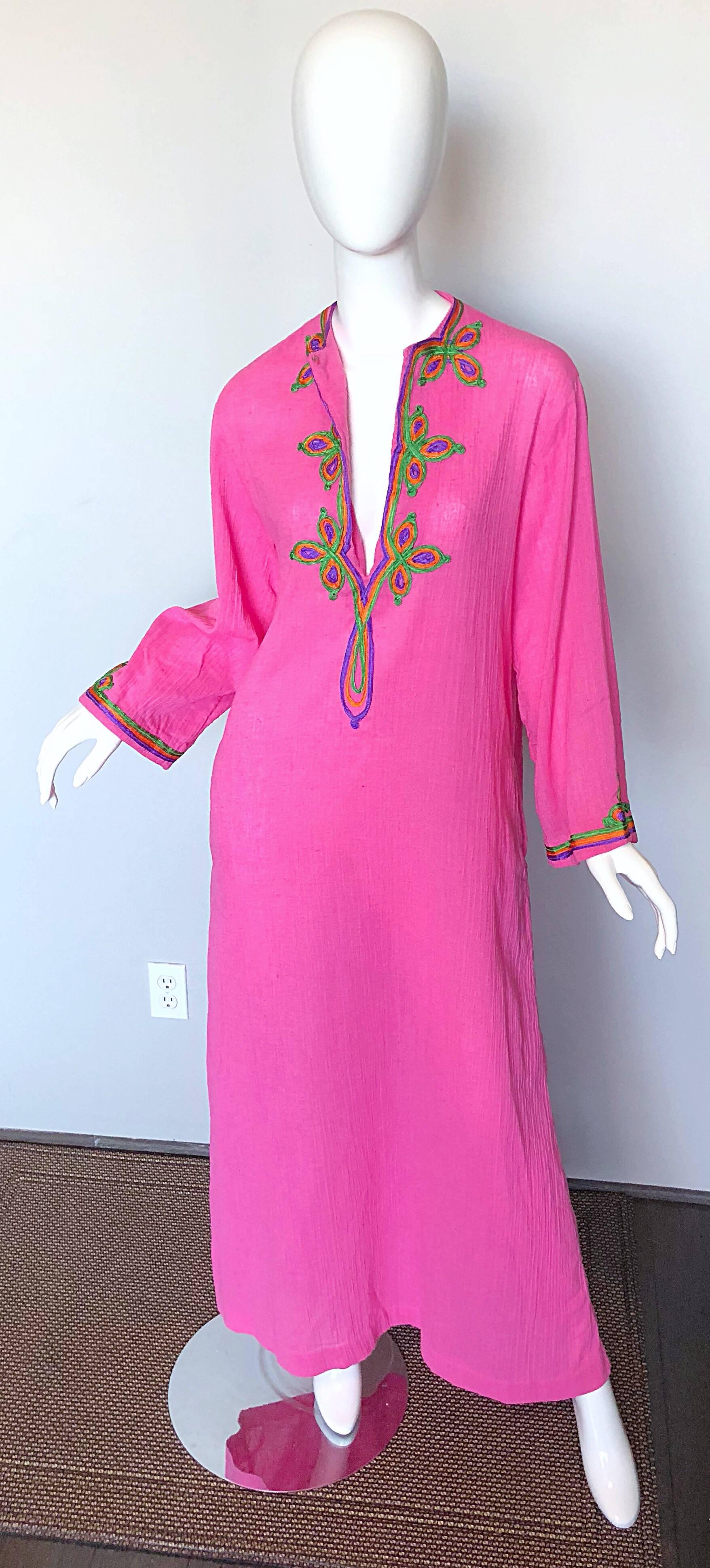 Vintage Christian Dior 1960s Bubblegum Pink Moroccan 60s Caftan Maxi Dress In Excellent Condition In San Diego, CA