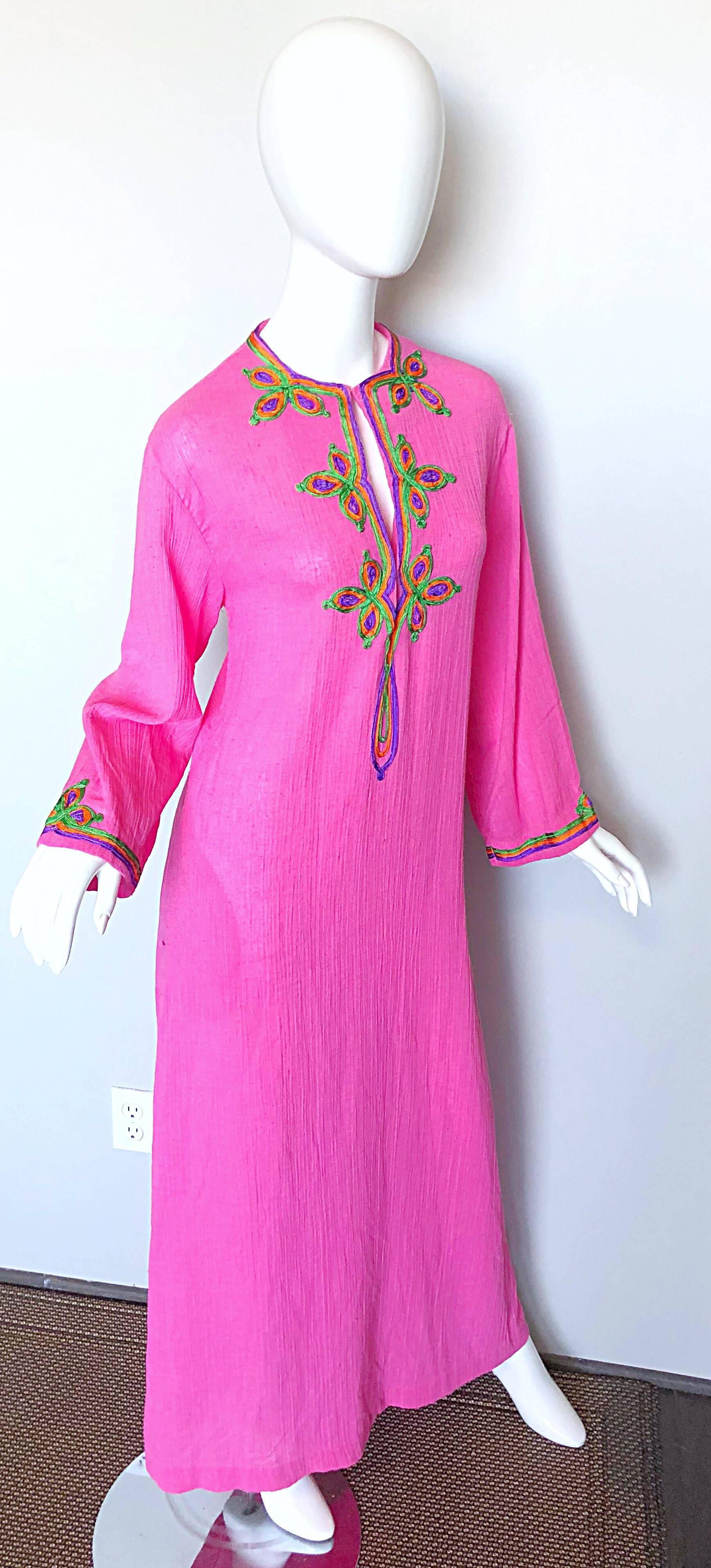 Women's Vintage Christian Dior 1960s Bubblegum Pink Moroccan 60s Caftan Maxi Dress