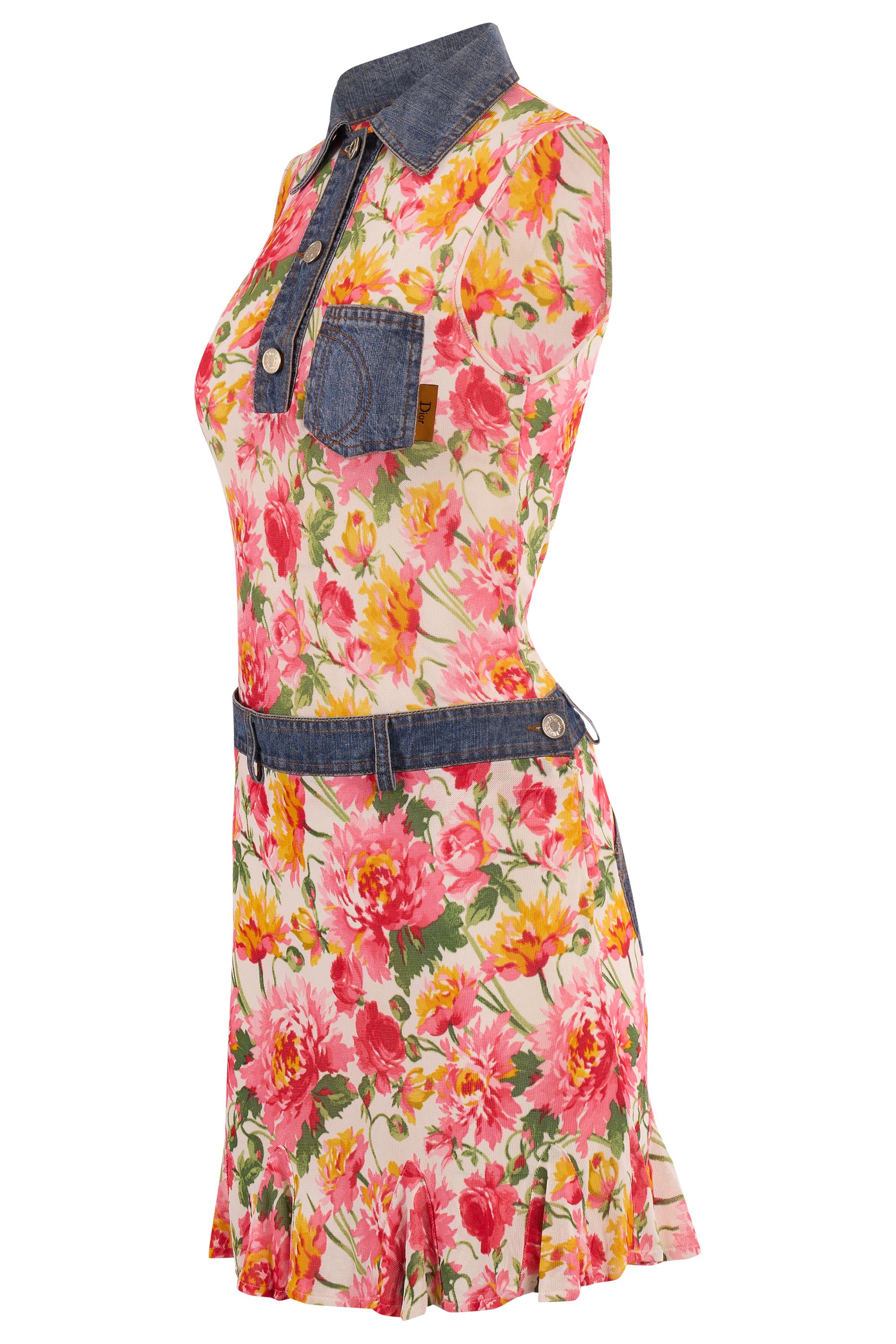 Vintage Christian Dior by John Galliano early 2000's floral denim set. Features a vibrant floral print in shades of pink, yellow, and green is juxtaposed with denim accents a sharp collar, button placket,  one chest pocket. In excellent vintage