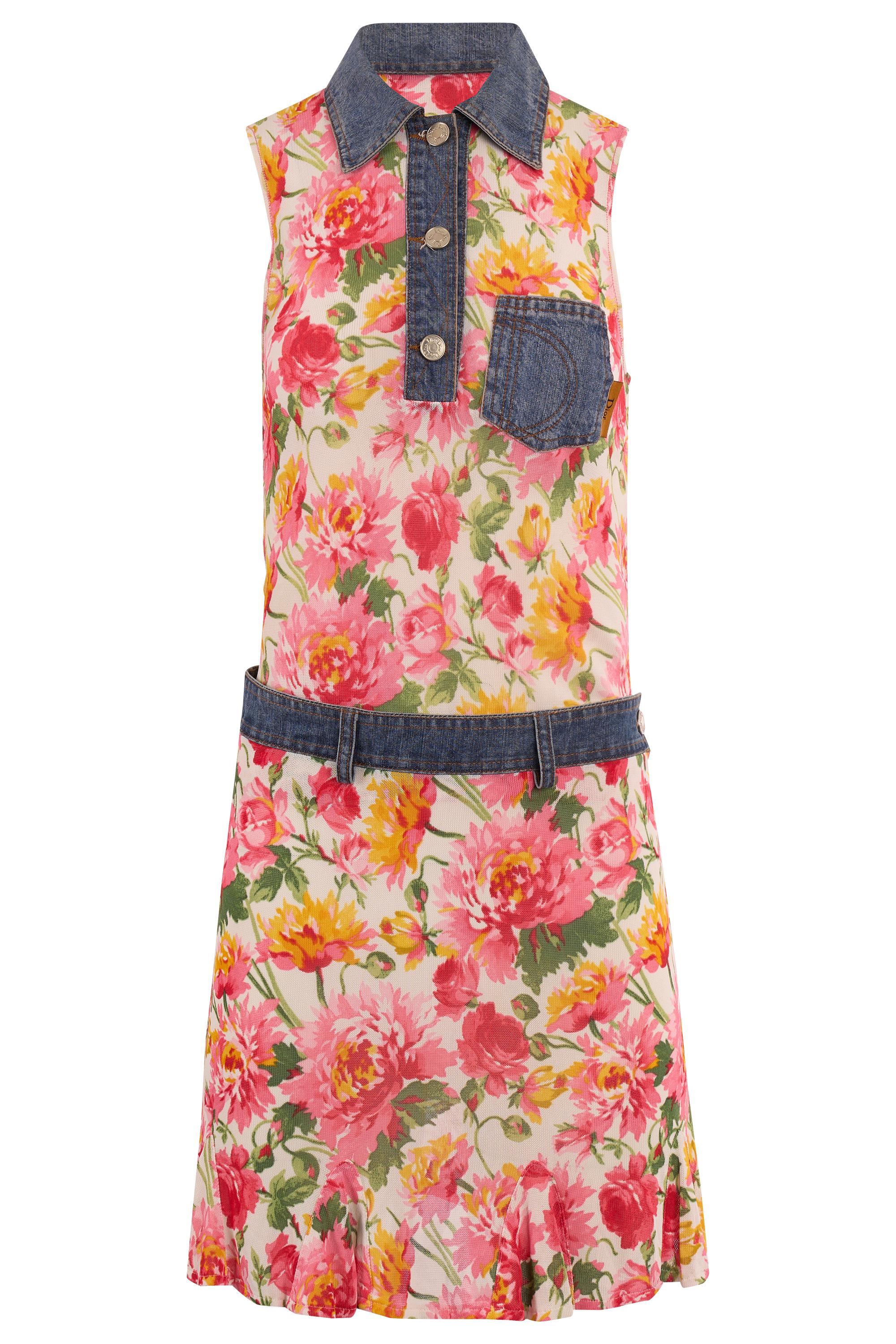 Beige Vintage Christian Dior 2000's Floral Print Denim Skirt Set For Sale