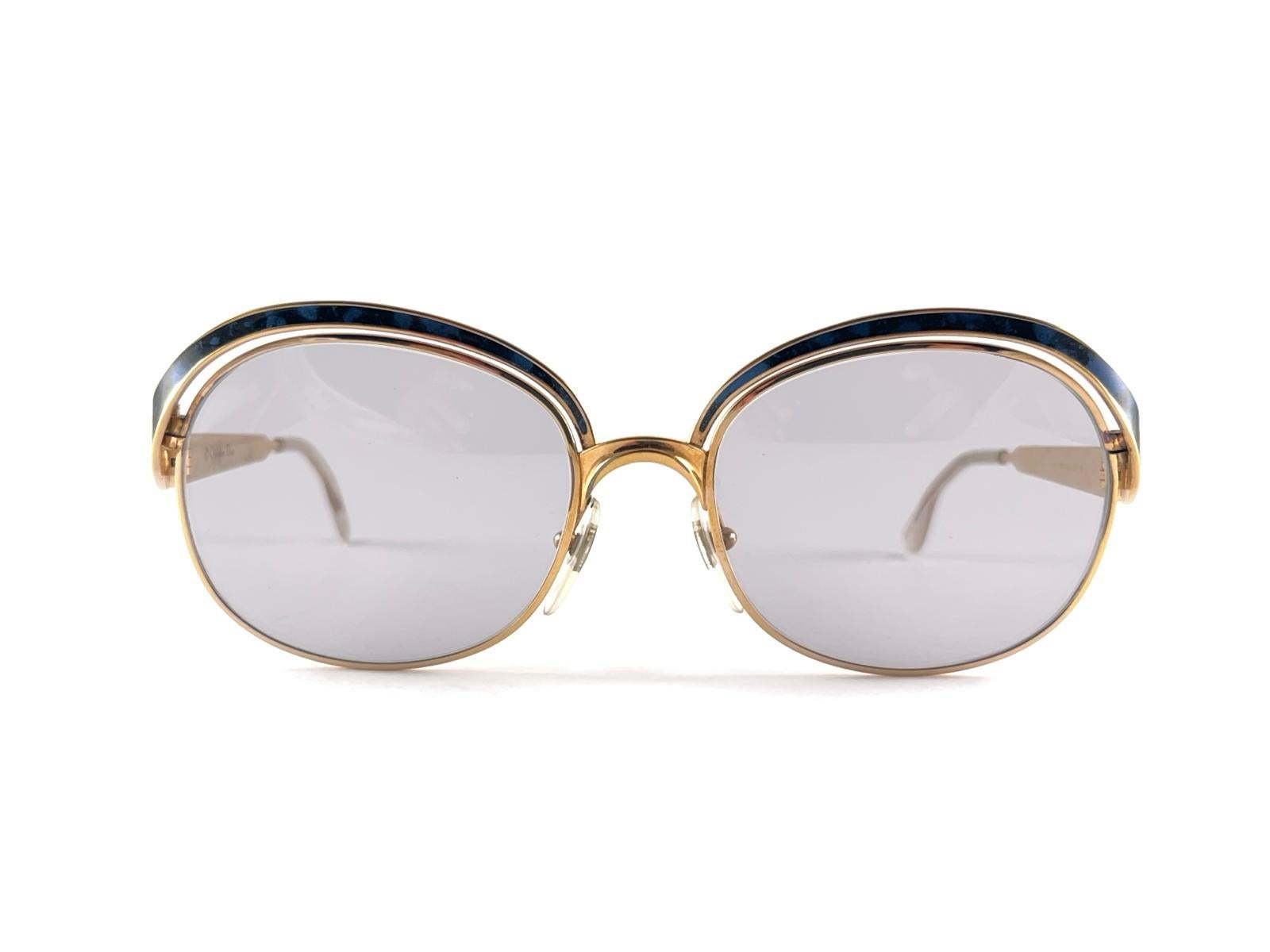 Gray Vintage Christian Dior 2037  Gold & Blue Marbled Sunglasses 1970'S Austria For Sale