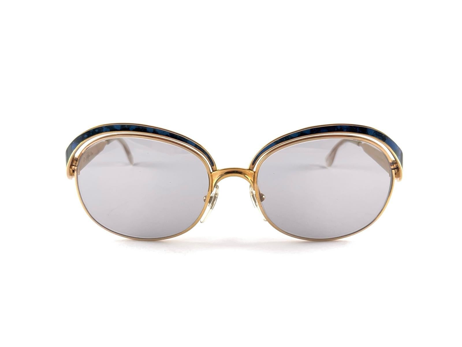 Women's Vintage Christian Dior 2037  Gold & Blue Marbled Sunglasses 1970'S Austria For Sale
