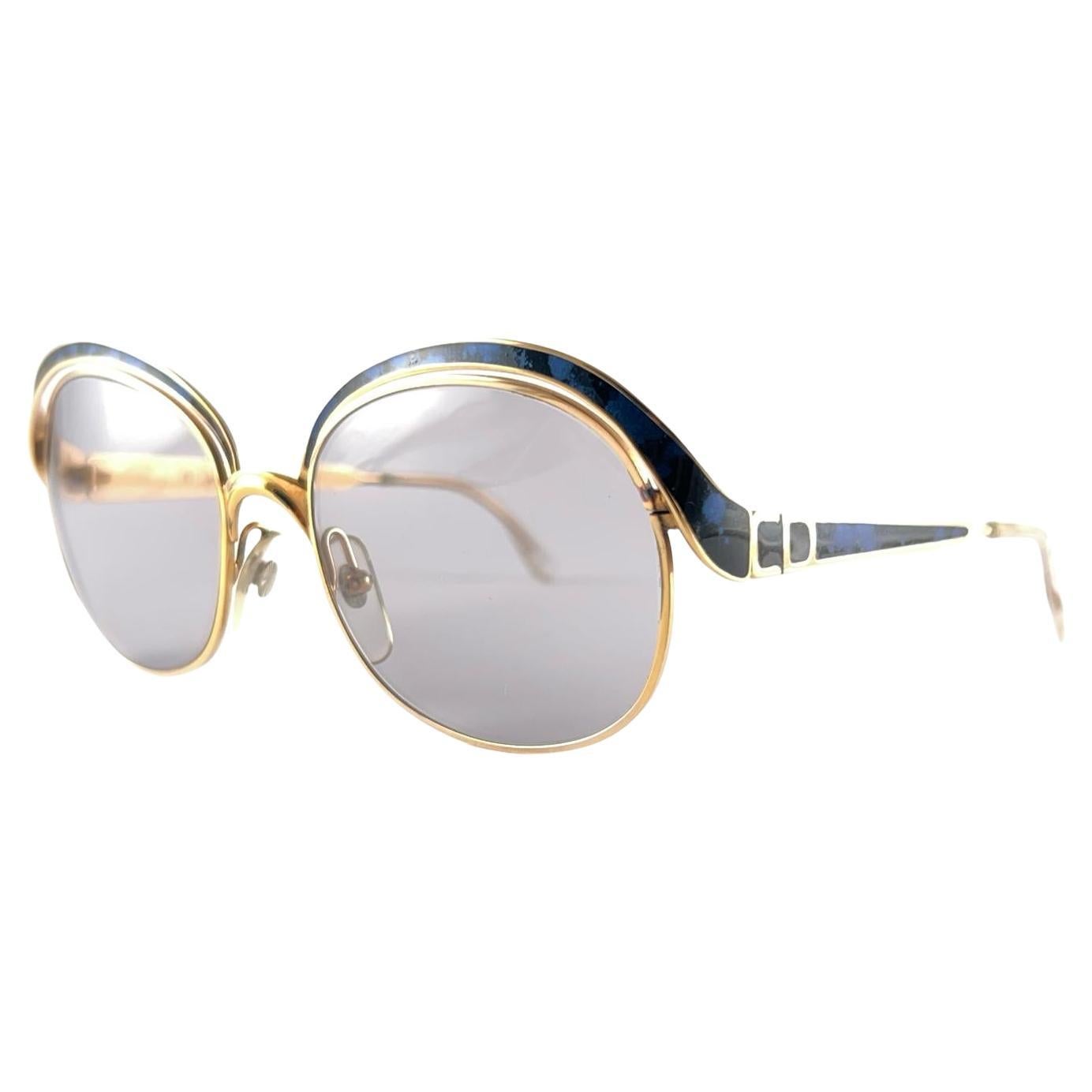 Vintage Christian Dior 2037  Gold & Blue Marbled Sunglasses 1970'S Austria For Sale