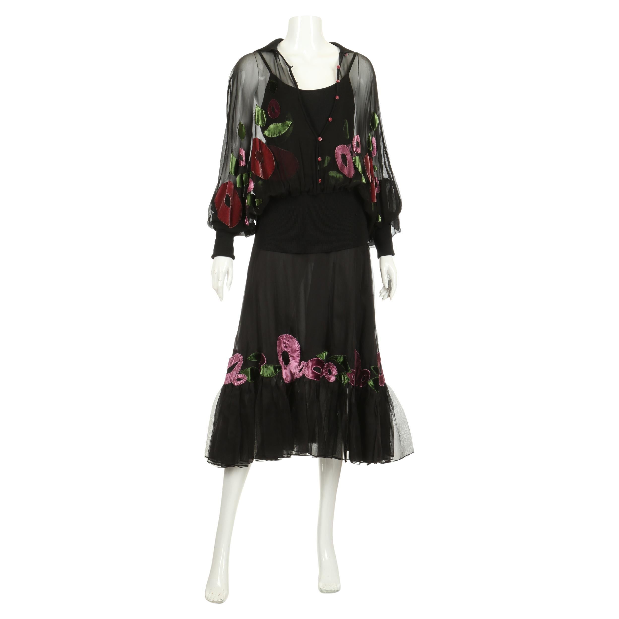 2002 Christian Dior by John Galliano 3-piece set - a skirt, camisole and blouse - with matching silk velvet abstract floral appliqués on each piece: a black silk organza ruffle trim skirt, a black  cashmere silk blend camisole and an oversized black