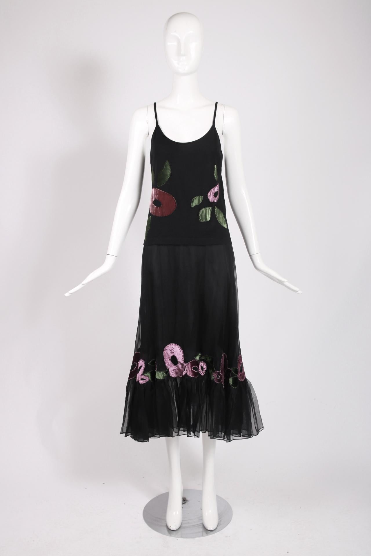 2002 Christian Dior by Galliano 3-Piece Skirt & Blouse Set w/Velvet Floral Motif For Sale 1