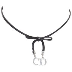 vintage CHRISTIAN DIOR 90's C D charm bow tie black leather choker necklace