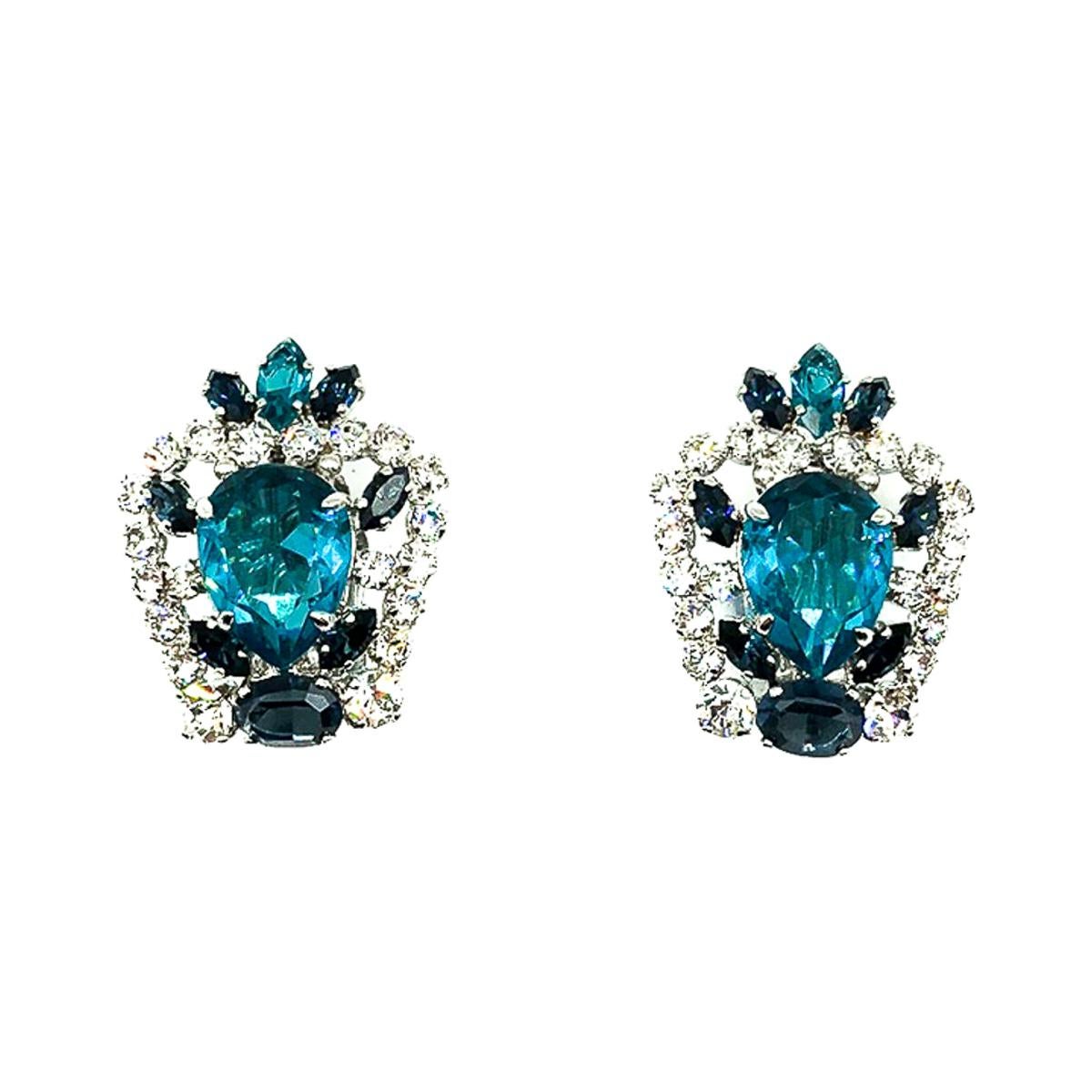 Vintage Dior Aqua & Sapphire Blue Crystal Earrings from the 1970 Collection For Sale