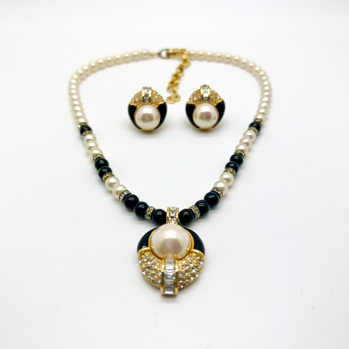 Women's Vintage Christian Dior Art Deco Monochrome Necklace & Earrings 1980s For Sale