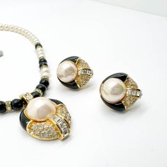Monochrome Vintage-Halskette und Ohrringe von Christian Dior, Art déco, 1980er Jahre