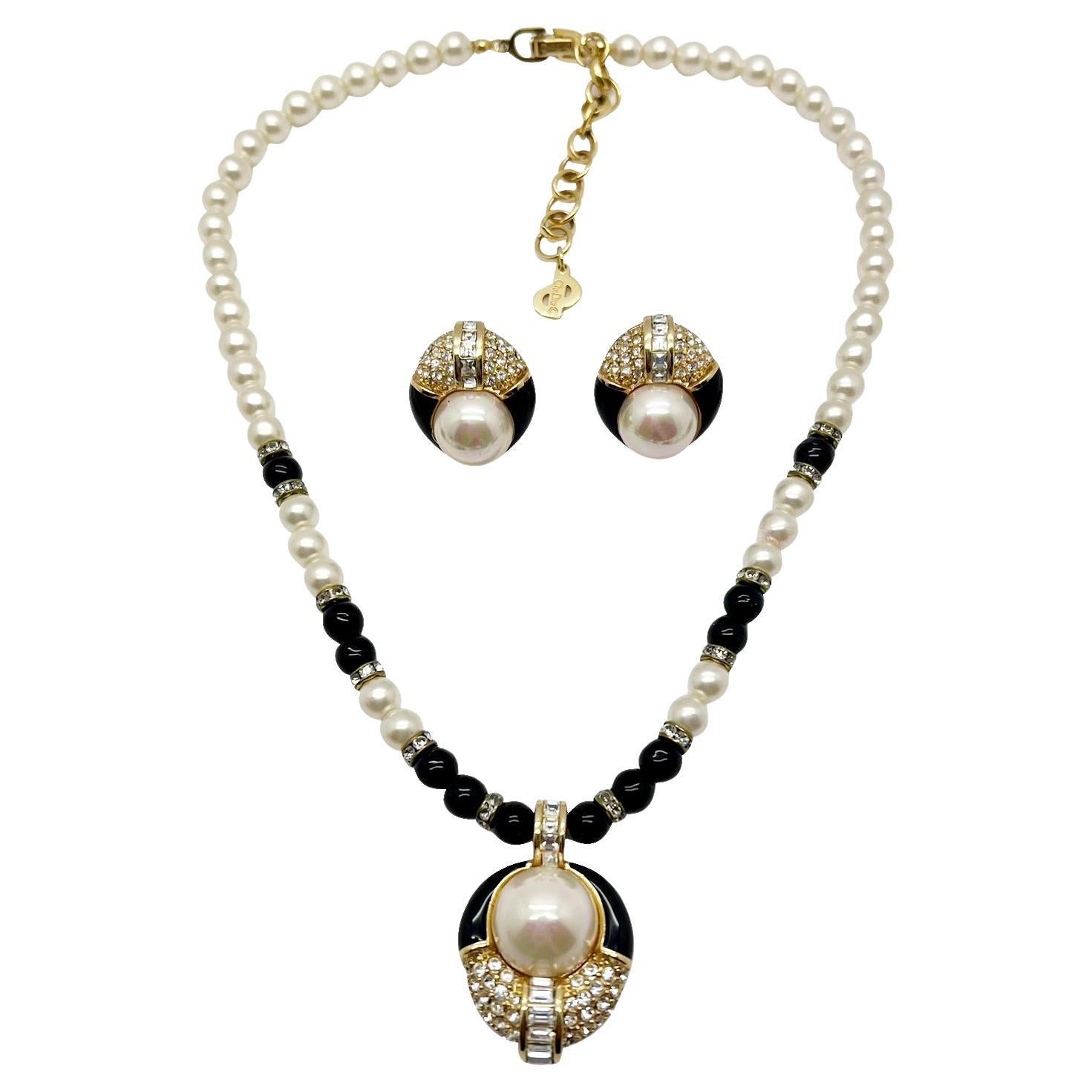 Vintage Christian Dior Art Deco Monochrome Necklace & Earrings 1980s For Sale
