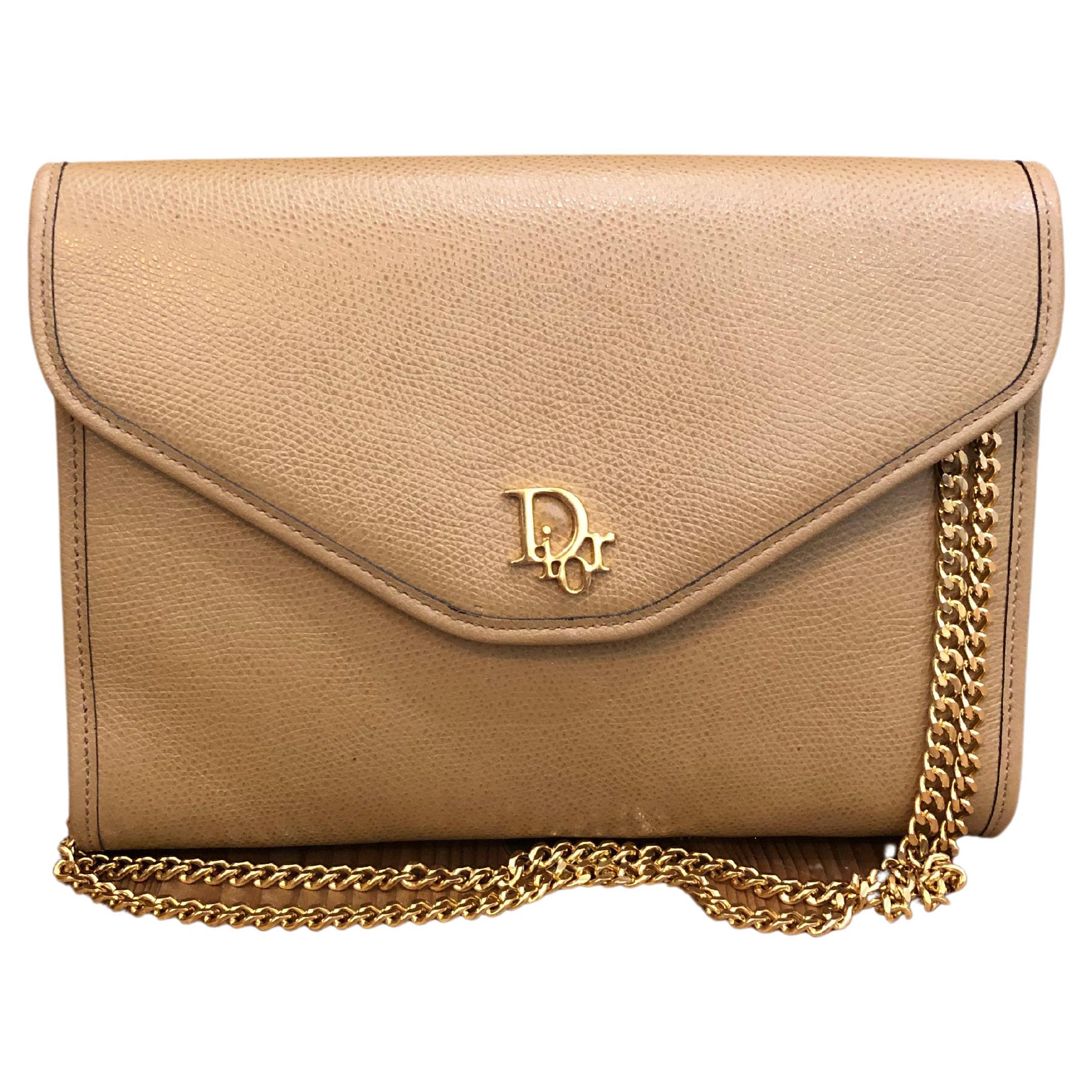 Vintage Christian Dior Beige Leather Chain Shoulder Bag