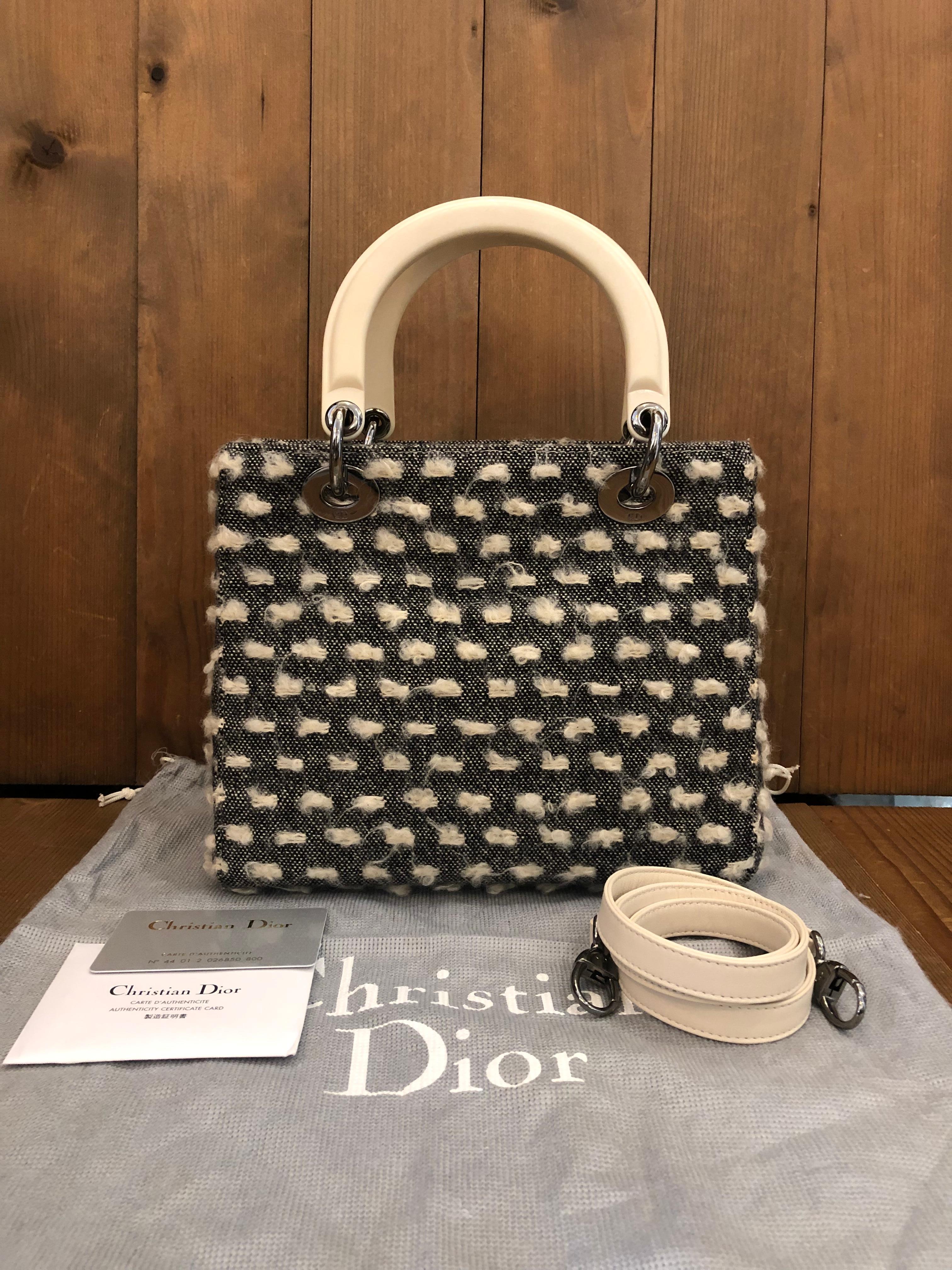 Vintage CHRISTIAN DIOR Black and White Tweed Small Lady Dior Two-Way Handbag For Sale 5