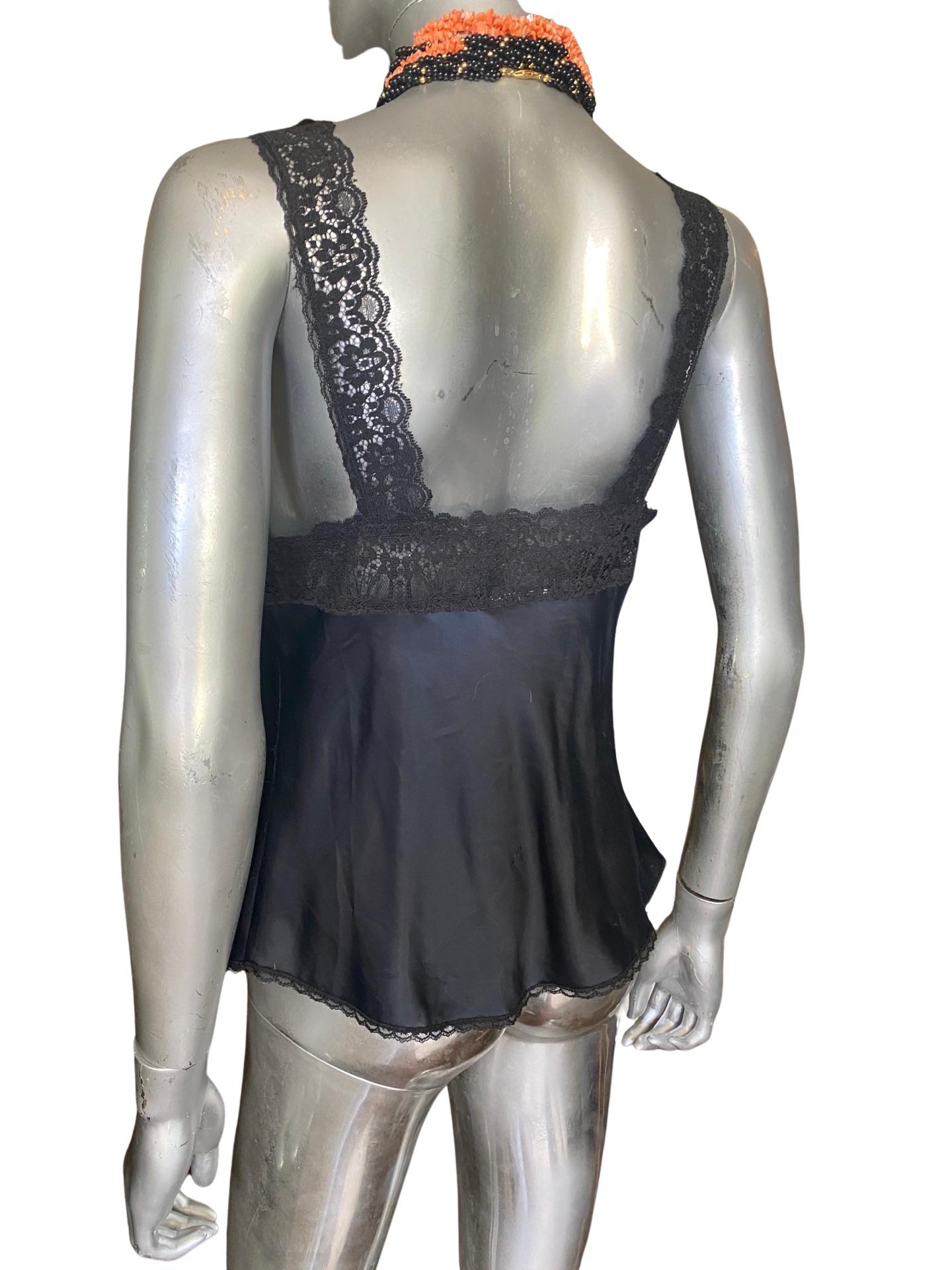 Vintage Christian Dior Black Camisole Blouse w/ Lace Trim Size Medium For Sale 5