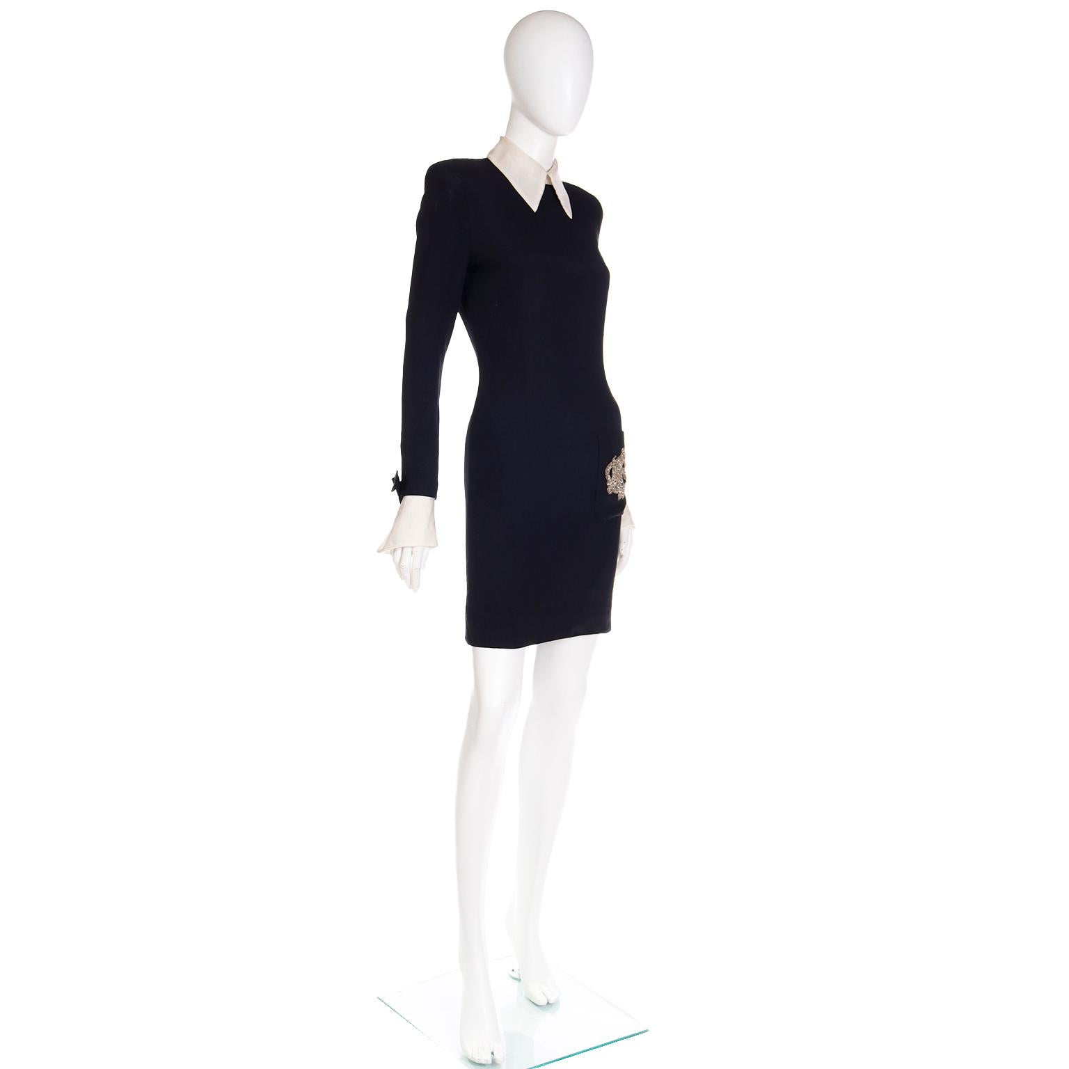 Vintage Christian  Dior Black Dress w Organza Collar & Cuffs W Dior Beaded Logo 6