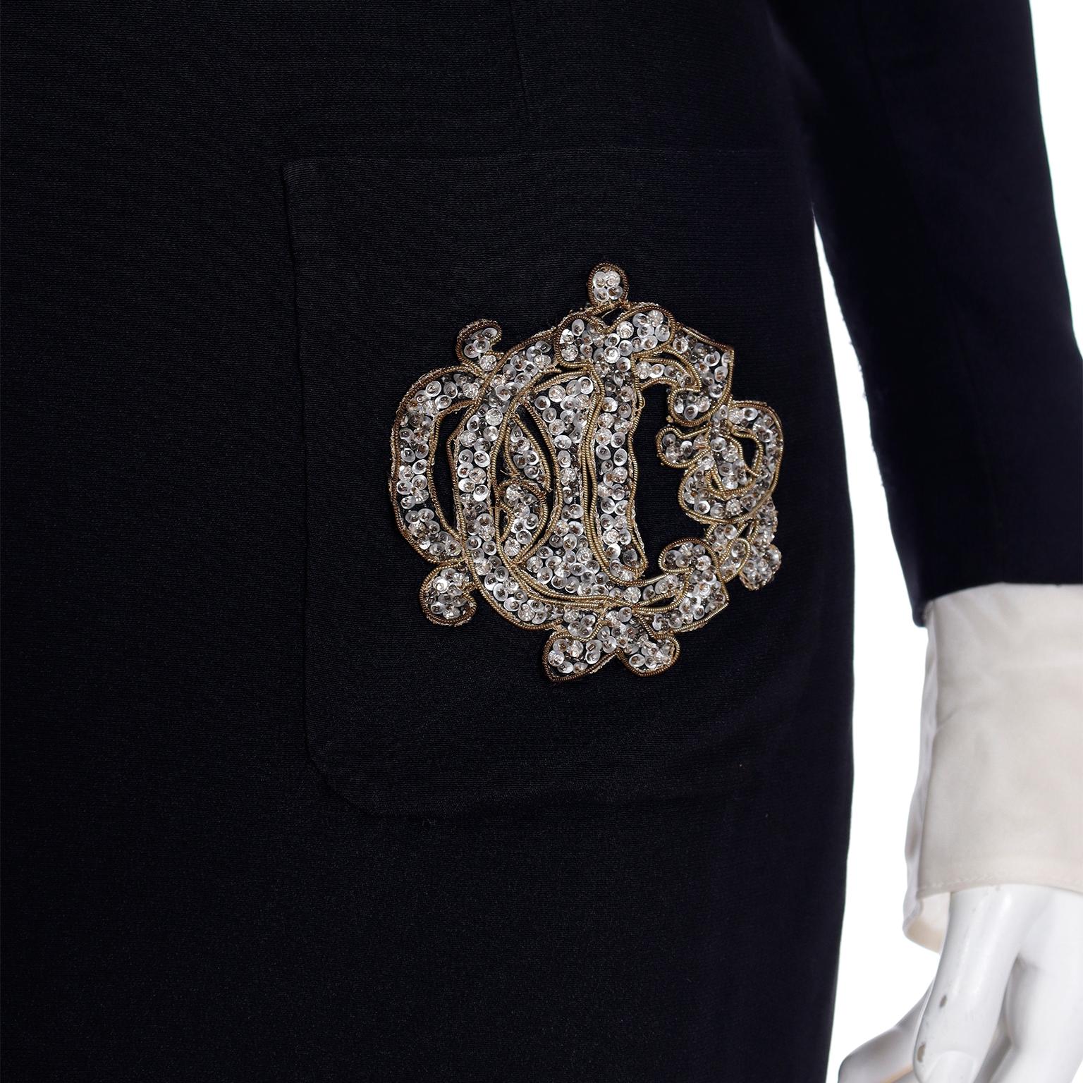Vintage Christian  Dior Black Dress w Organza Collar & Cuffs W Dior Beaded Logo 8
