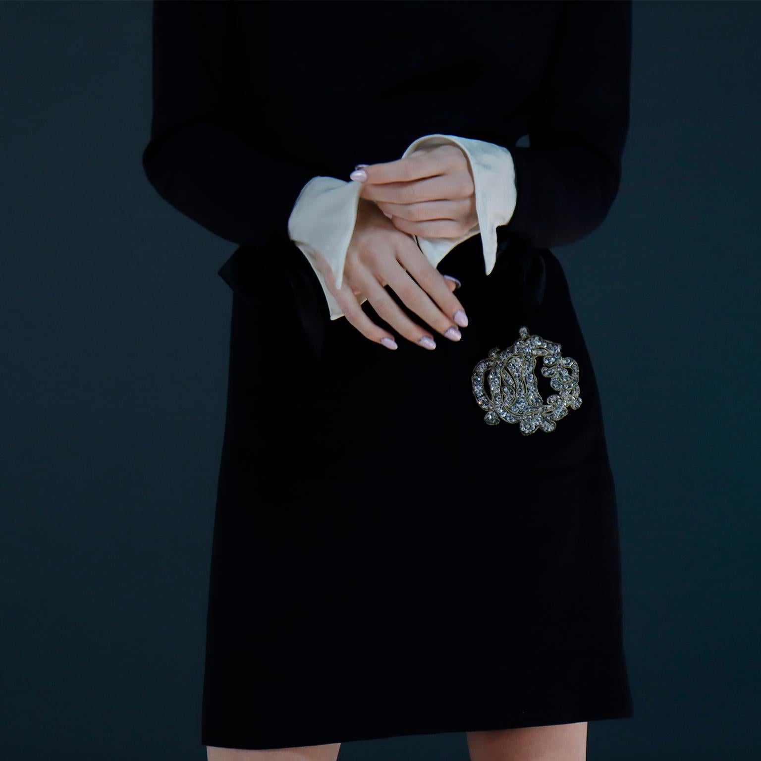 Vintage Christian  Dior Black Dress w Organza Collar & Cuffs W Dior Beaded Logo In Good Condition In Portland, OR