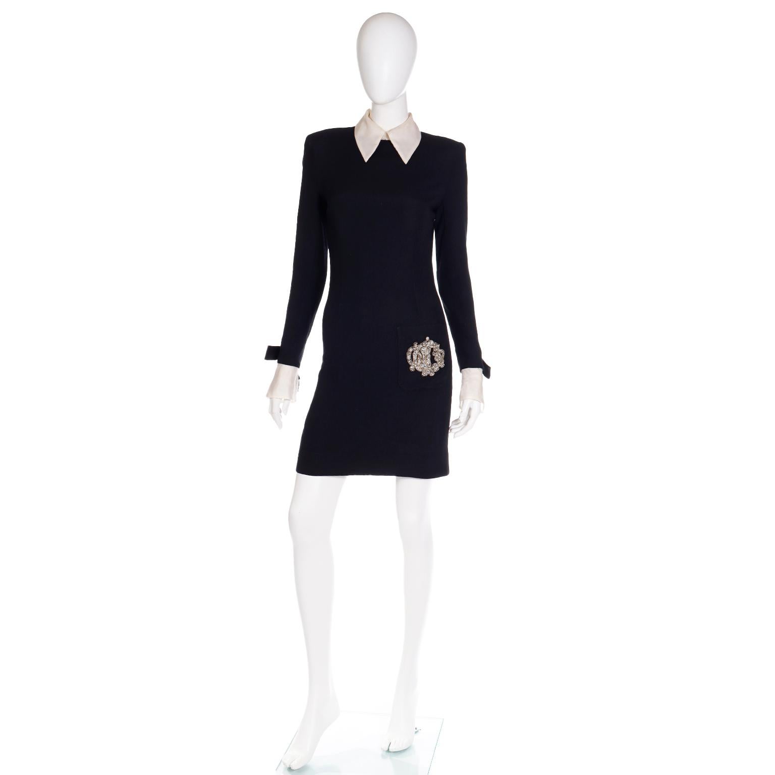 Vintage Christian  Dior Black Dress w Organza Collar & Cuffs W Dior Beaded Logo 1