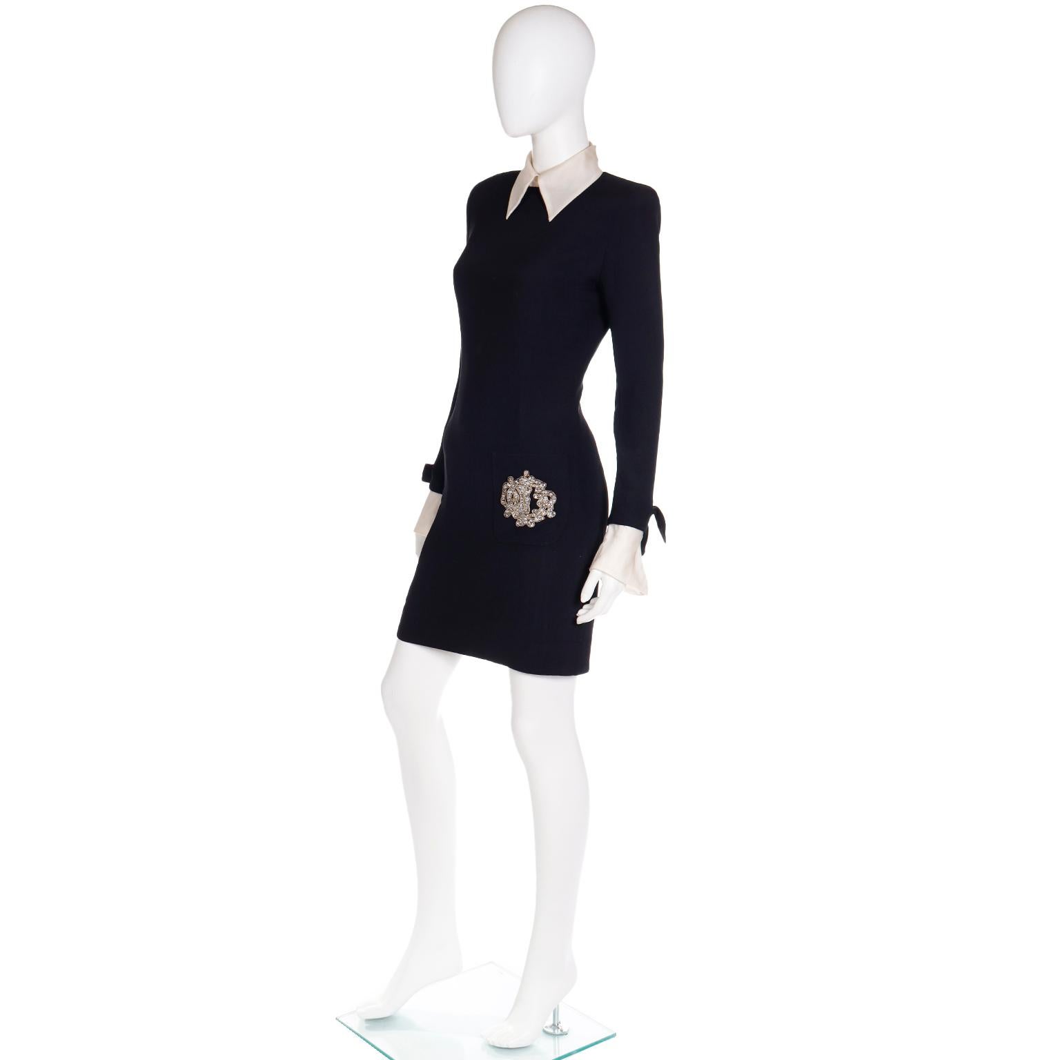 Vintage Christian  Dior Black Dress w Organza Collar & Cuffs W Dior Beaded Logo 2