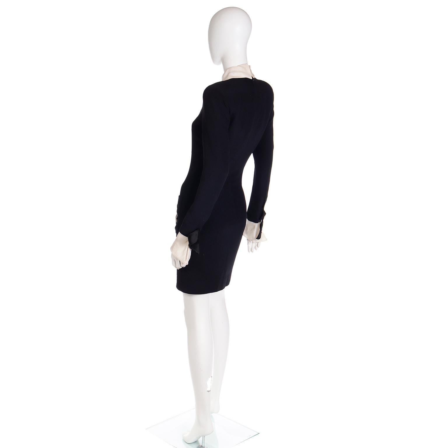 Vintage Christian  Dior Black Dress w Organza Collar & Cuffs W Dior Beaded Logo 3