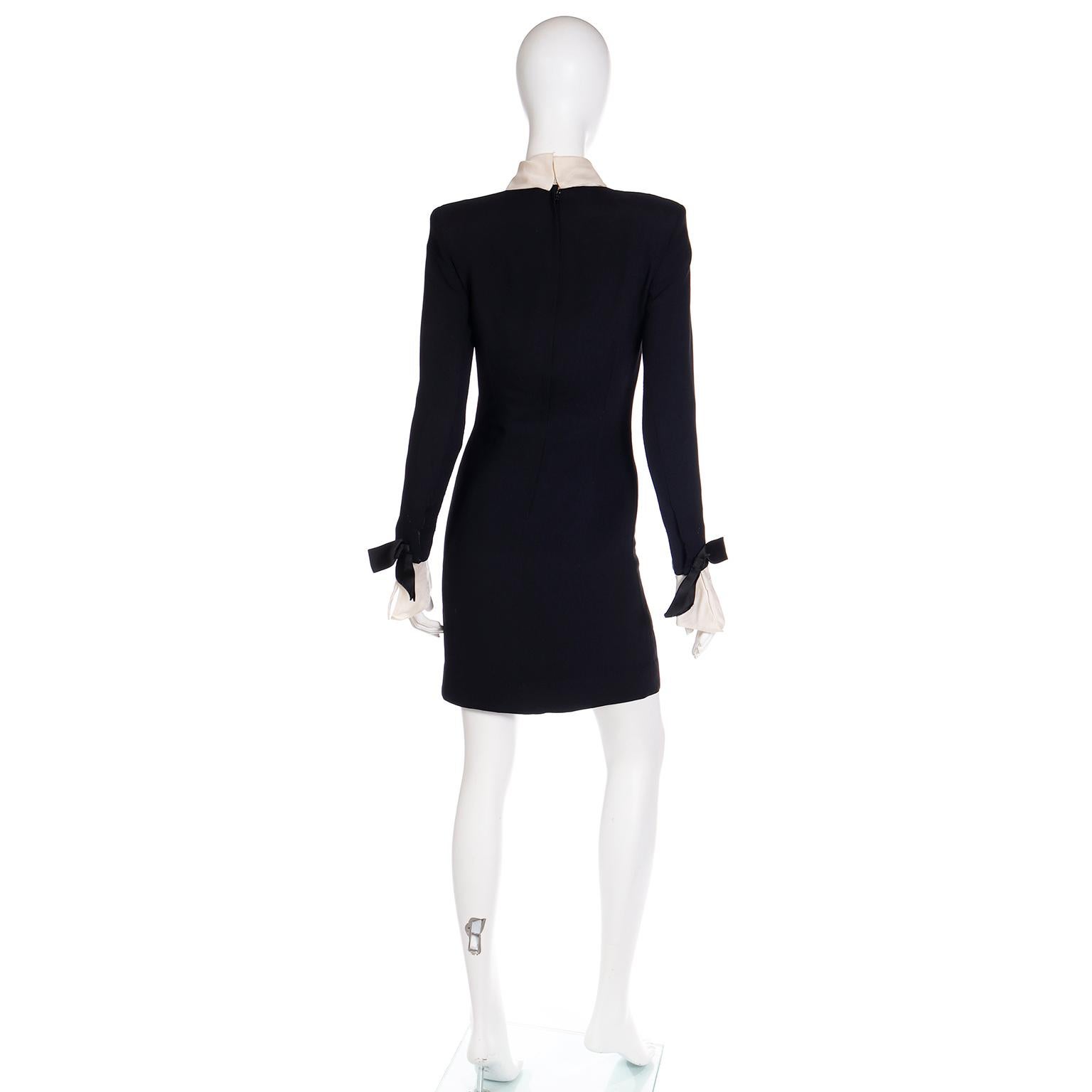 Vintage Christian  Dior Black Dress w Organza Collar & Cuffs W Dior Beaded Logo 4