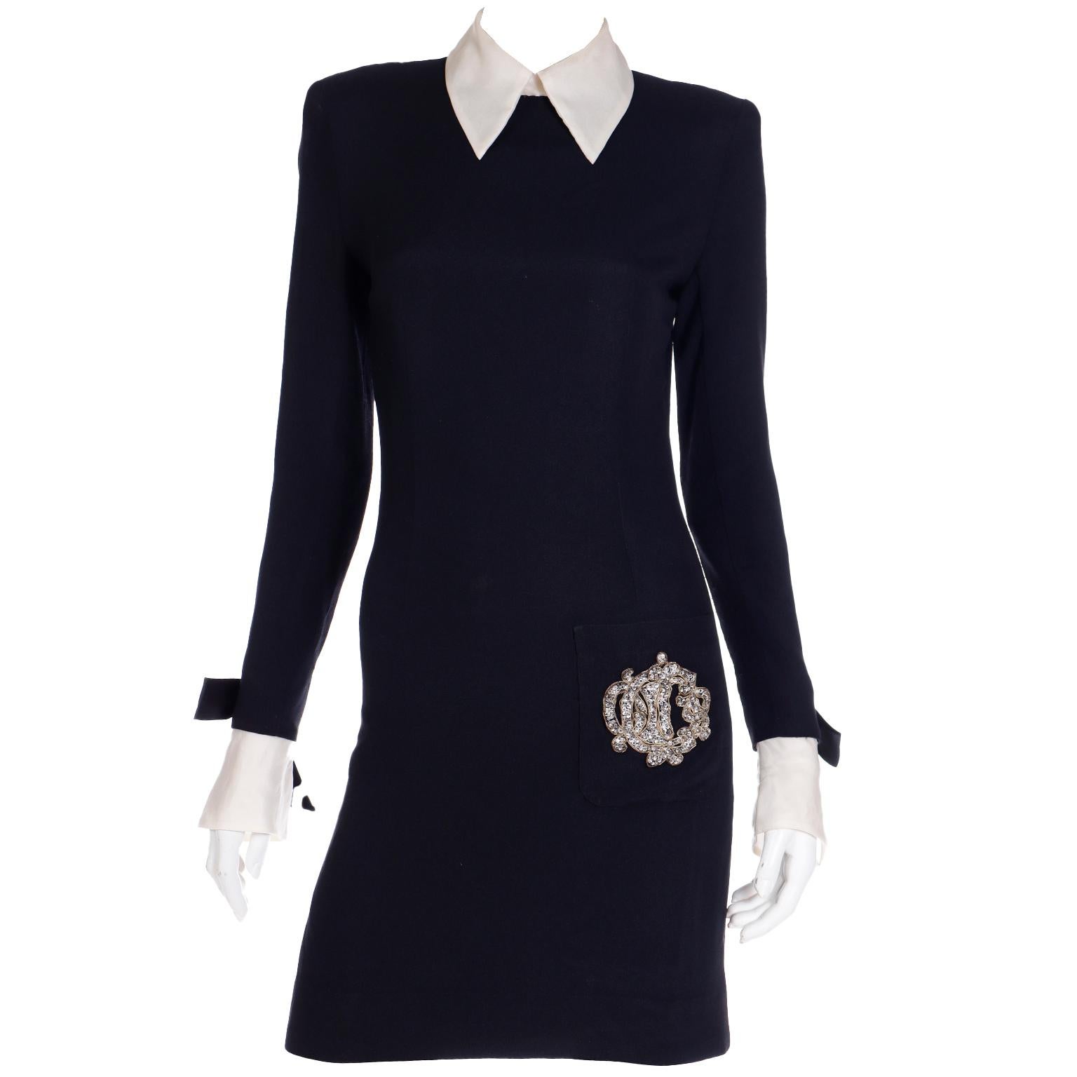 Vintage Christian  Dior Black Dress w Organza Collar & Cuffs W Dior Beaded Logo