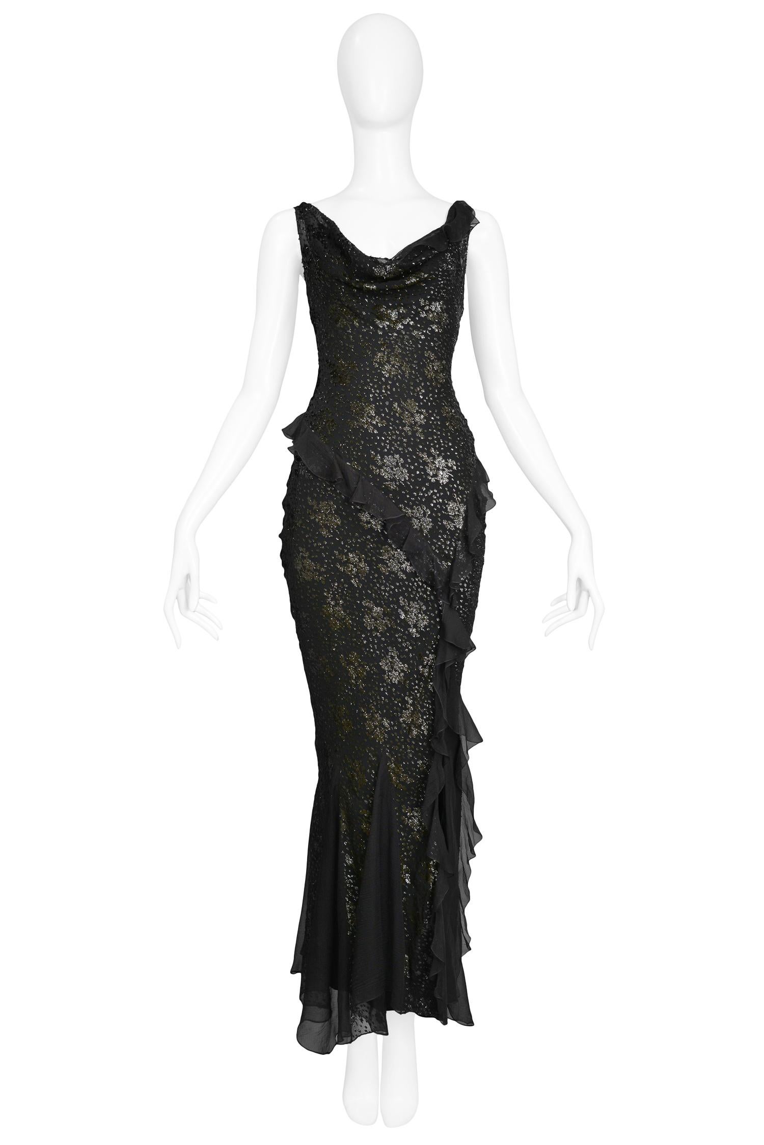Vintage John Galliano for Christian Dior black silk & metallic floral embroidered burnout gown featuring a cowl neckline, side slit, chiffon ruffle panels and godet skirt detail.

Excellent Vintage Condition.

Size 40

Measurements:
Bust 32