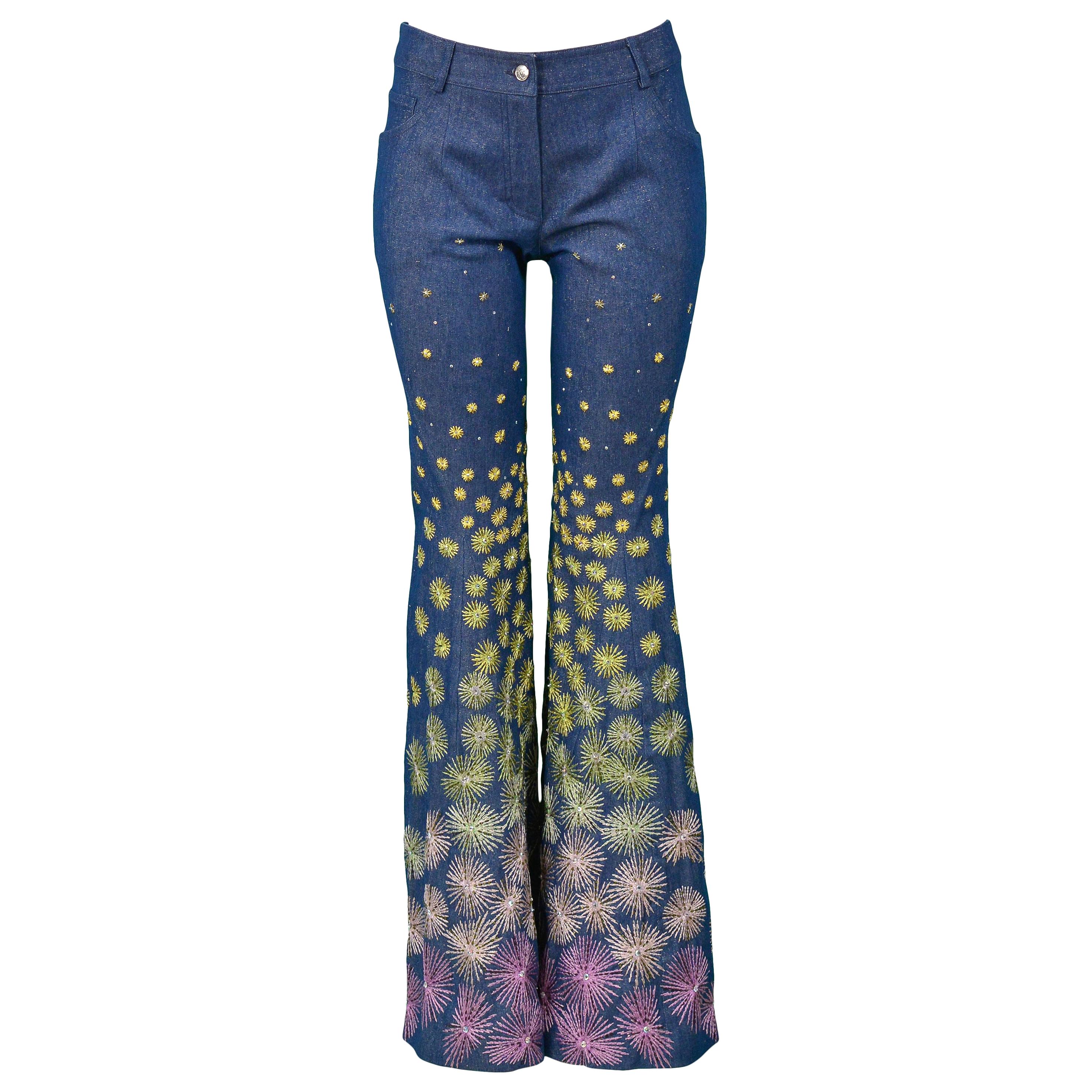 Vintage Christian Dior Blue Denim Embroidered Firework Pants 2002