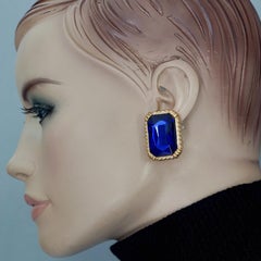 Vintage CHRISTIAN DIOR Blue Sapphire Faceted Rhinestone Rectangular Earrings