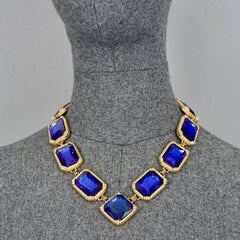 Vintage CHRISTIAN DIOR Blue Sapphire Rhinestone Rectangular Links Necklace