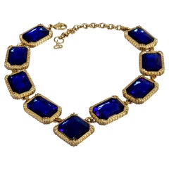 Vintage CHRISTIAN DIOR Blue Sapphire Rhinestone Rectangular Links Necklace