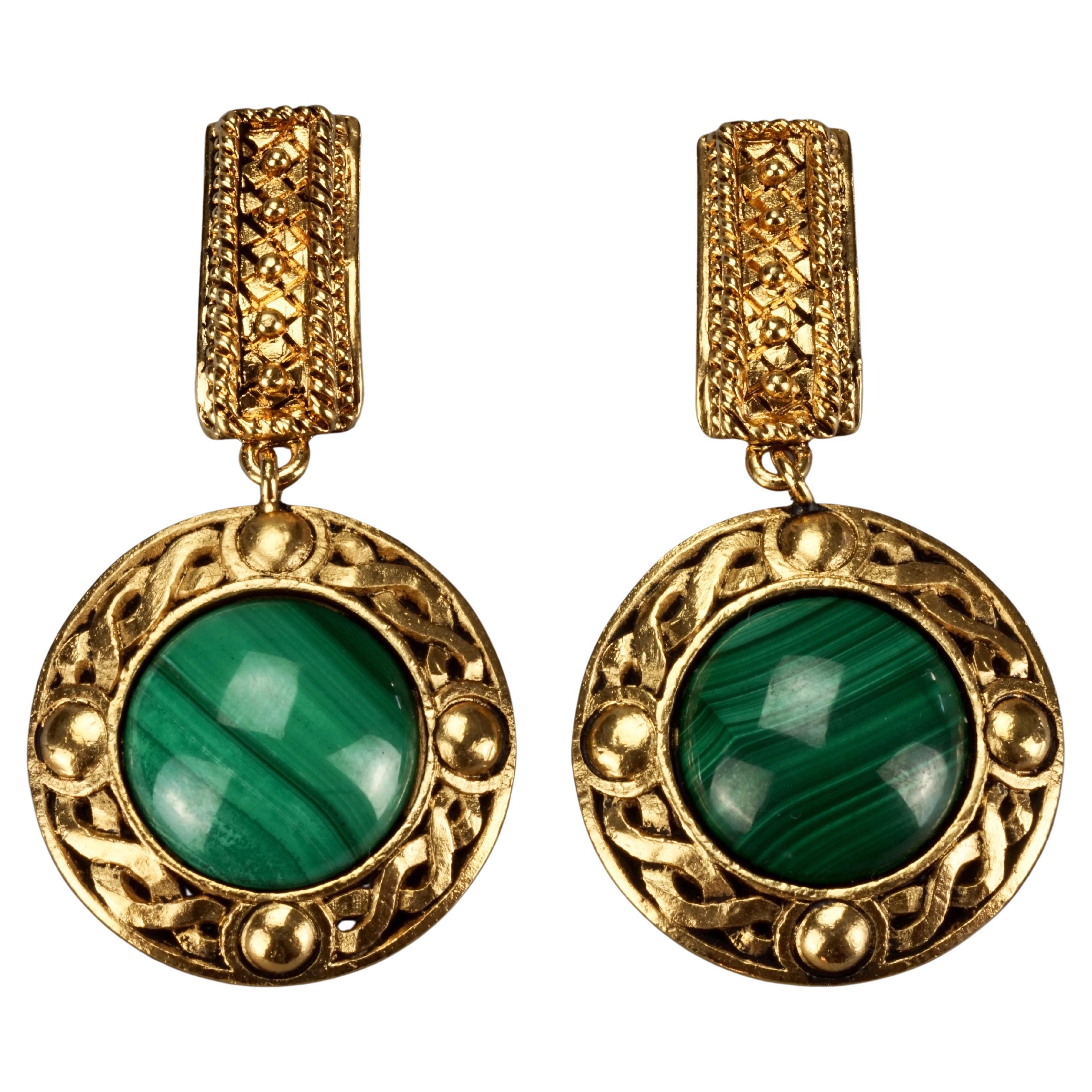 Vintage CHRISTIAN DIOR BOUTIQUE Byzantine Malachite Medallion Dangling Earrings