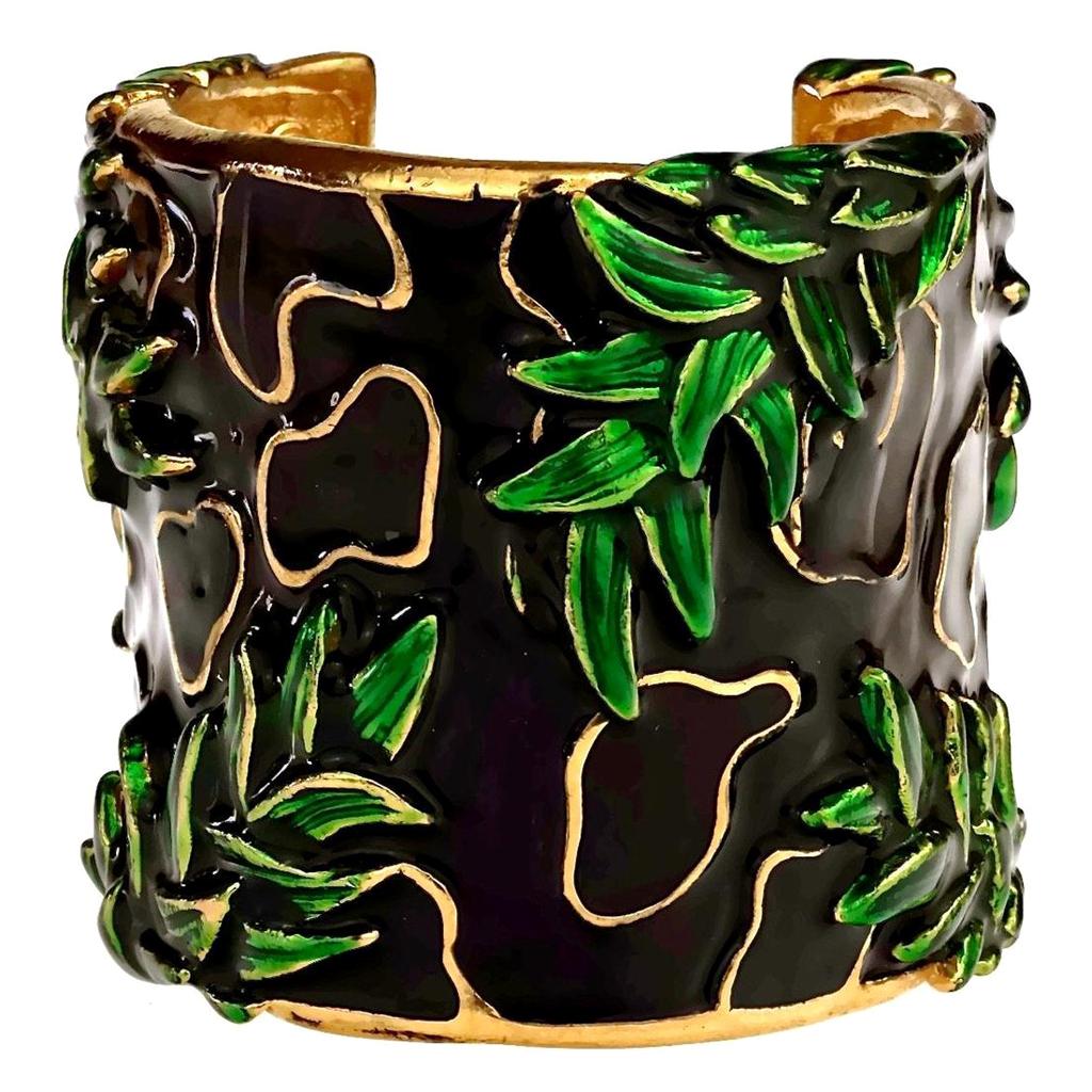 Vintage CHRISTIAN DIOR BOUTIQUE Embossed Leaf Pattern Enamel Cuff Bracelet