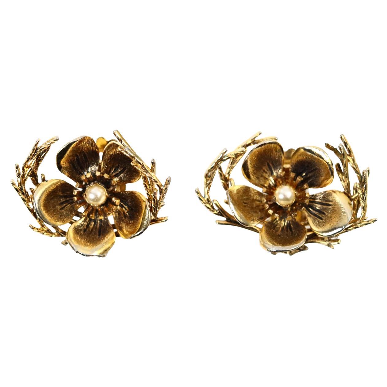 Vintage Christian Dior Boutique Gold Flower with Faux Pearl, circa 1964 For Sale