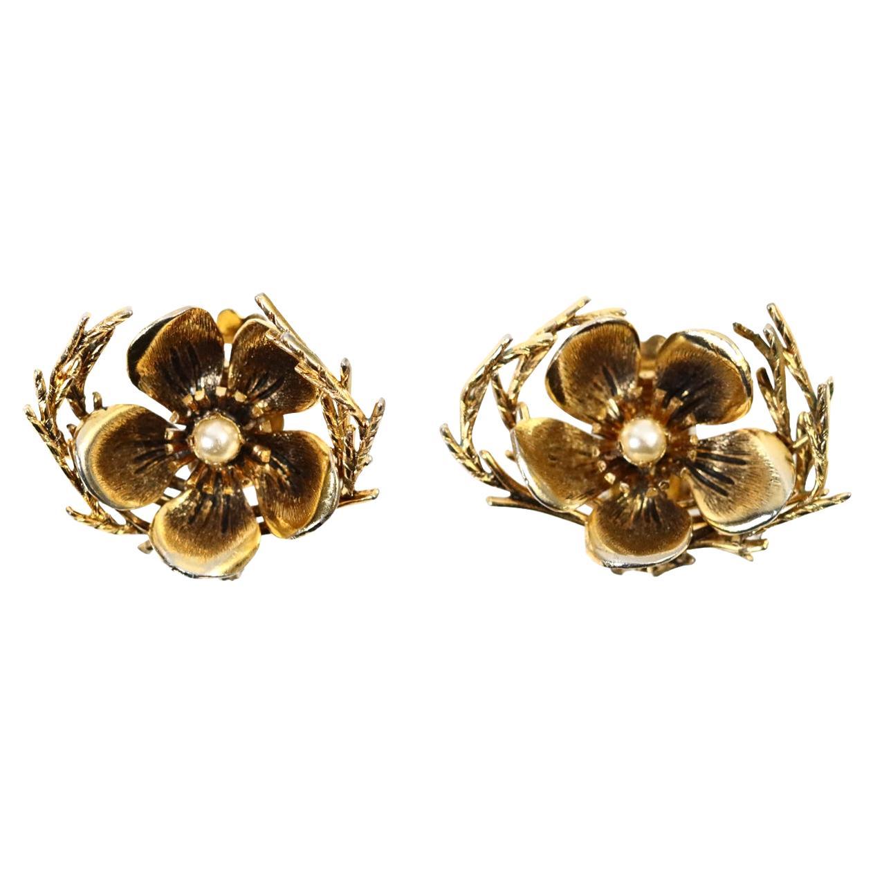 Vintage Christian Dior Gold Flower with Faux Pearl, circa 1964 For Sale