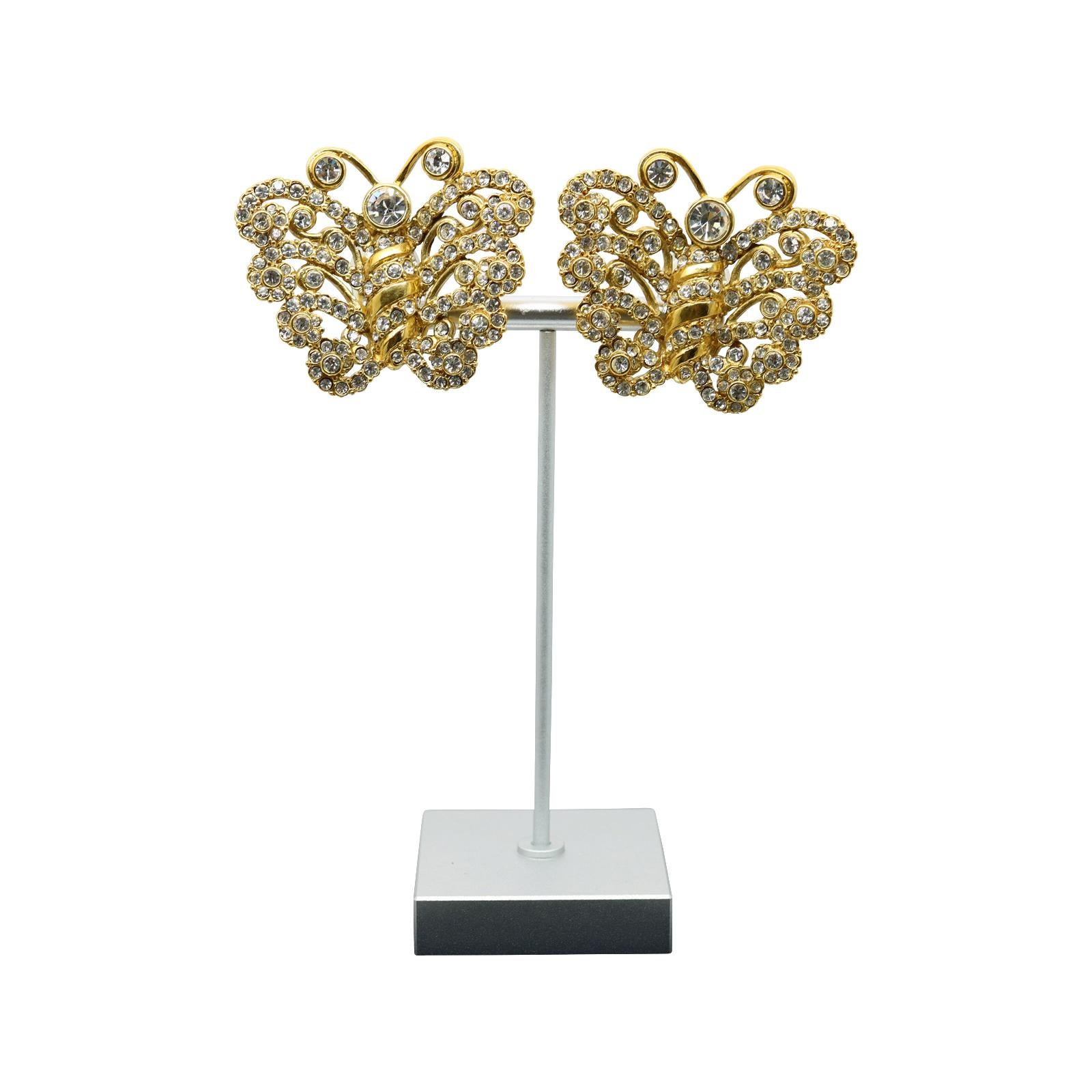 Modern Vintage Christian Dior Boutique Gold Diamante Butterfly Earrings Circa 1980s For Sale