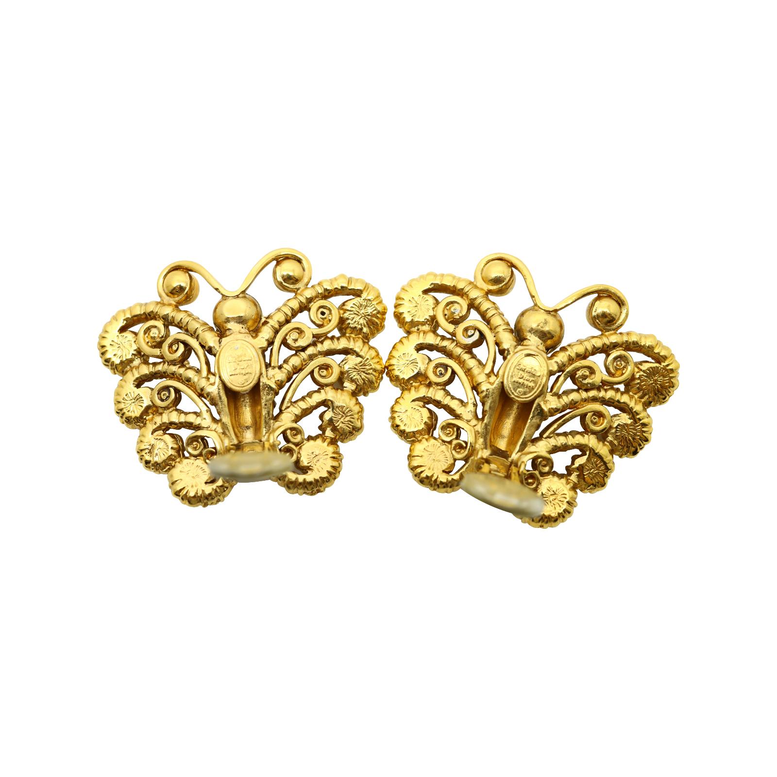 Women's or Men's Vintage Christian Dior Boutique Gold Diamante Butterfly Earrings Circa 1980s For Sale