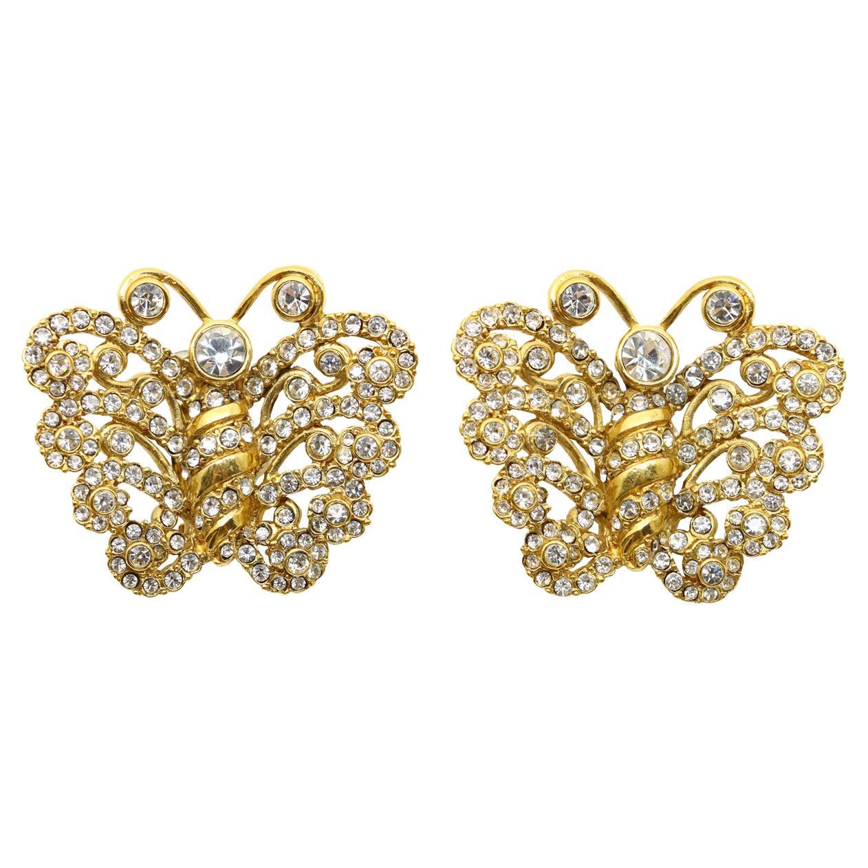 Vintage Christian Dior Boutique Gold Diamante Butterfly Earrings Circa 1980s For Sale