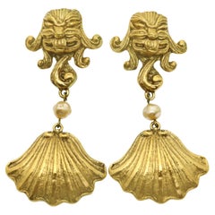 Vintage Christian Dior Boutique Gold Tone Gargoyle Dangling Earrings