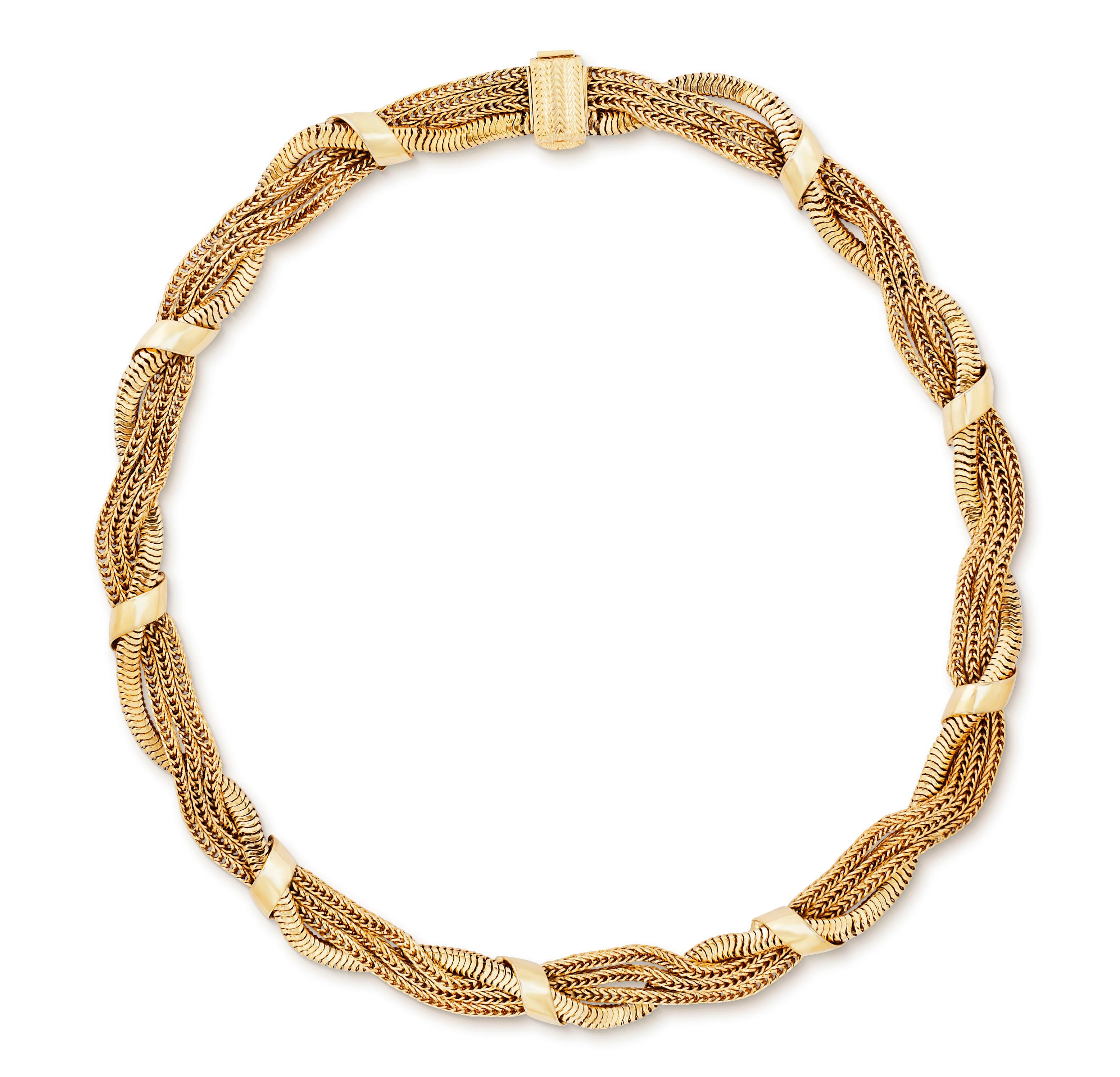 Die geflochtene Kette von Christian Dior aus Goldblech, Vintage 1958.  Diese Heritage-Halskette besteht aus vier miteinander gedrehten, mit polierten Elementen gehaltenen Ketten, die ein dekoratives, drapiertes, geflochtenes Aussehen erzeugen.  Die