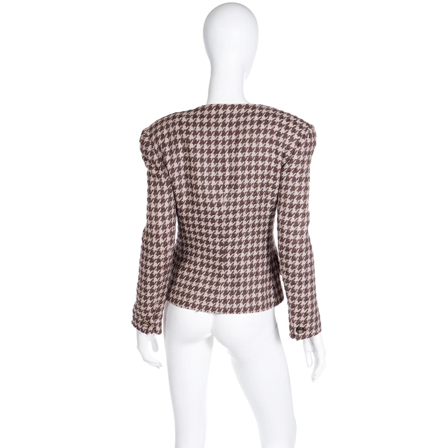 Women's Vintage Christian Dior Brown Houndstooth Check Collarless Blazer Jacket