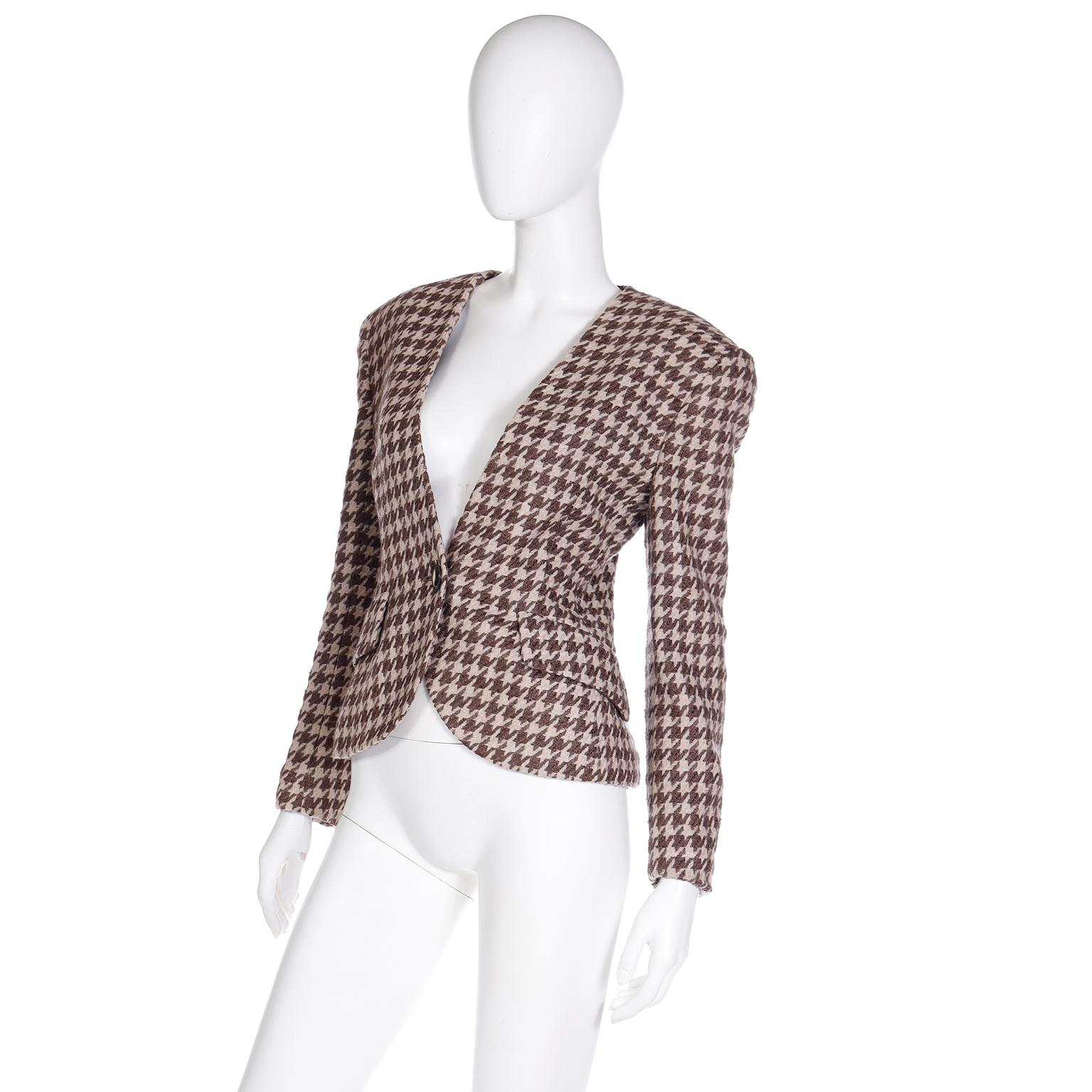Vintage Christian Dior Brown Houndstooth Check Collarless Blazer Jacket 1