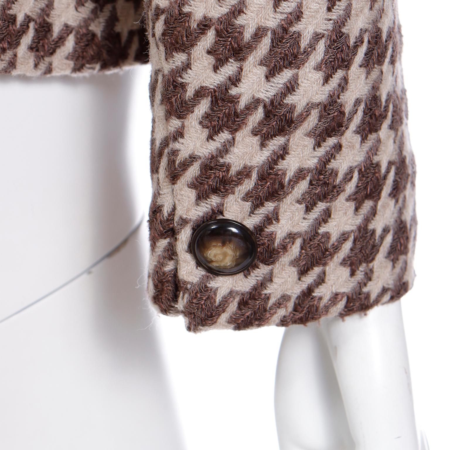 Vintage Christian Dior Brown Houndstooth Check Collarless Blazer Jacket 3
