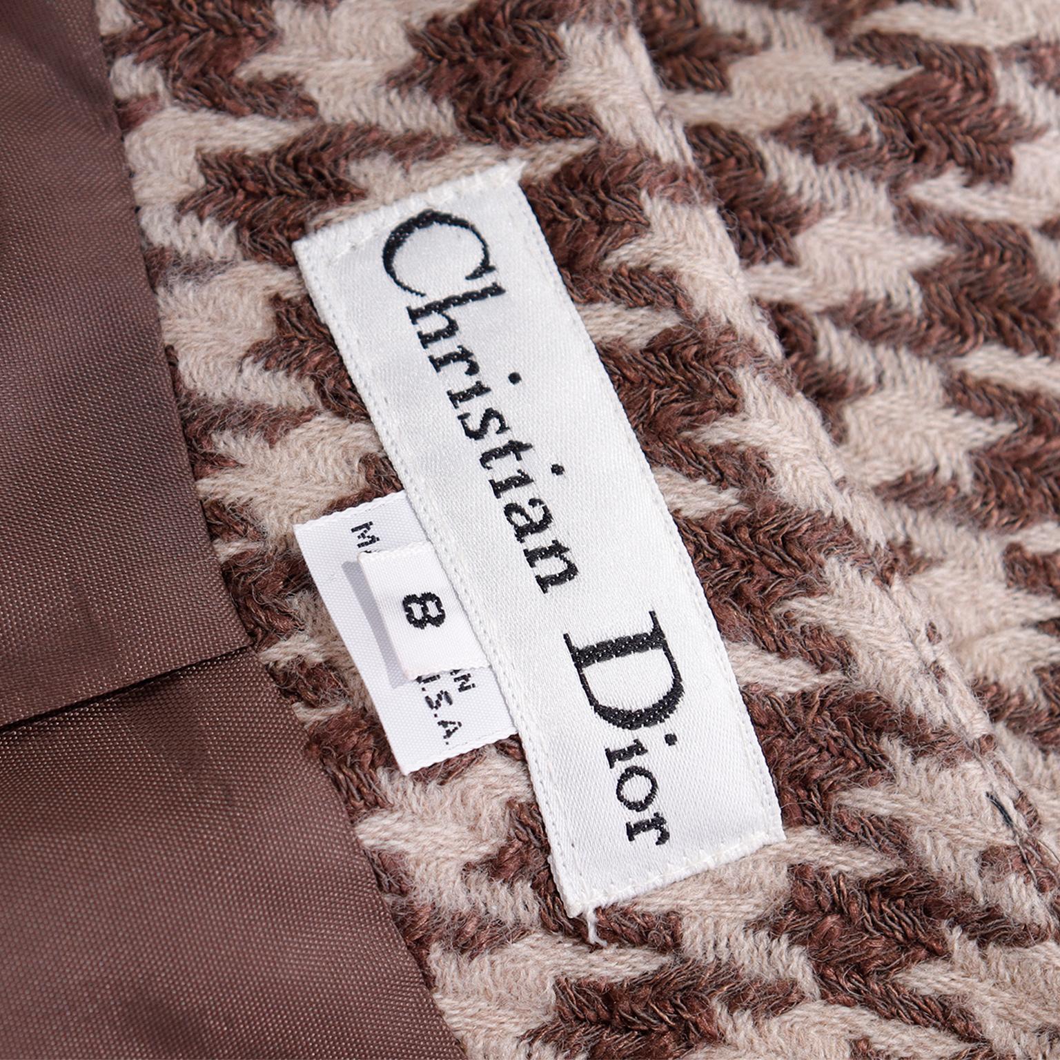 Vintage Christian Dior Brown Houndstooth Check Collarless Blazer Jacket 4