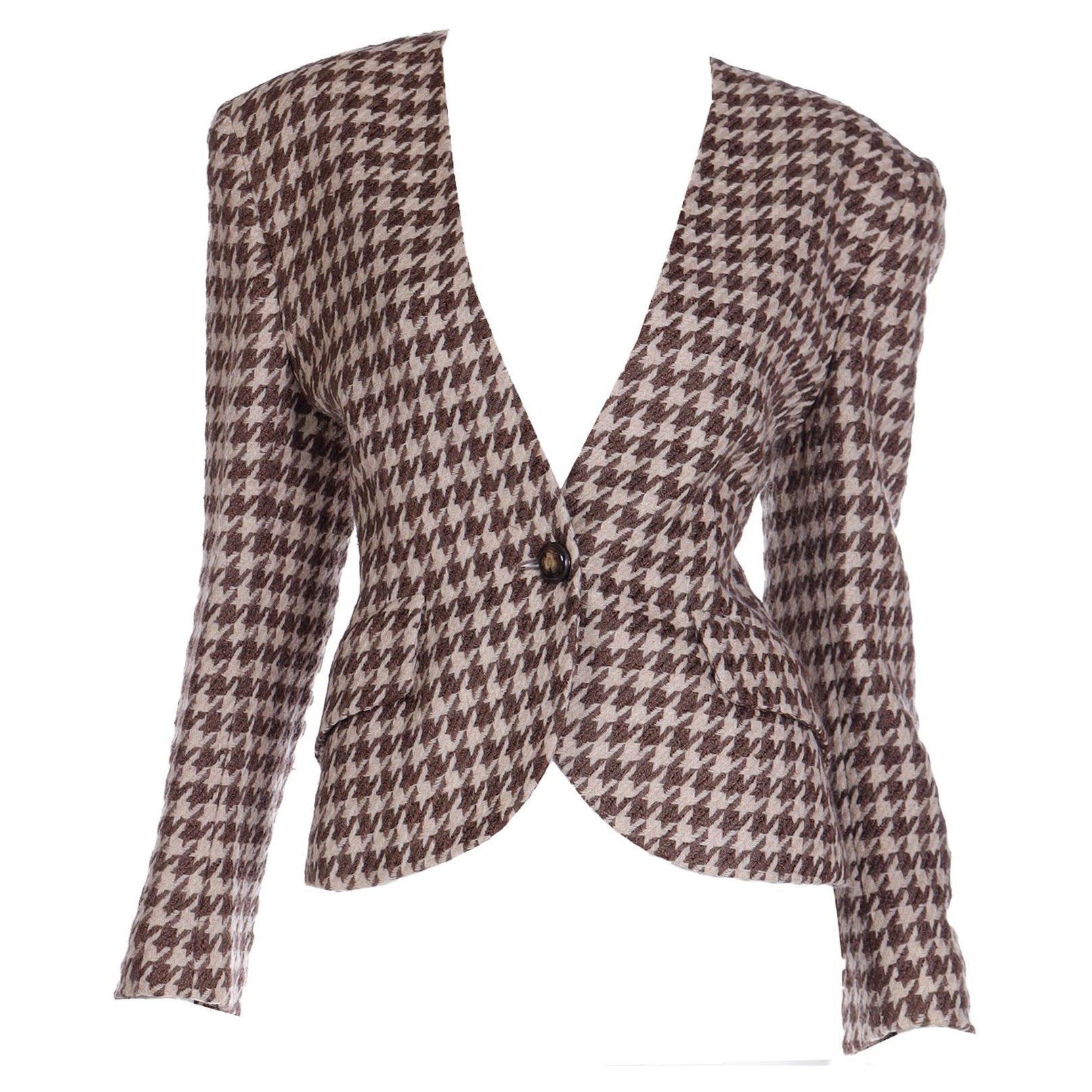 Vintage Christian Dior Brown Houndstooth Check Collarless Blazer Jacket