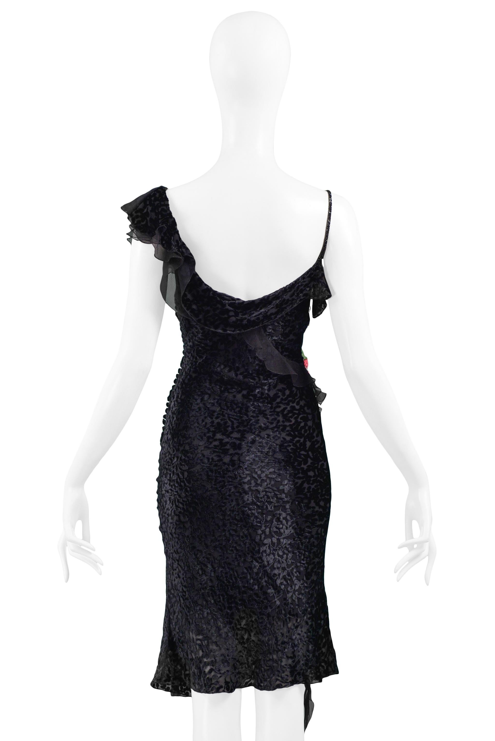 Vintage Christian Dior By Galliano Black Velvet Slip Dress with Flowers 2002 In Excellent Condition In Los Angeles, CA