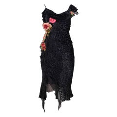 Vintage Christian Dior By Galliano Black Velvet Slip Dress with Flowers 2002