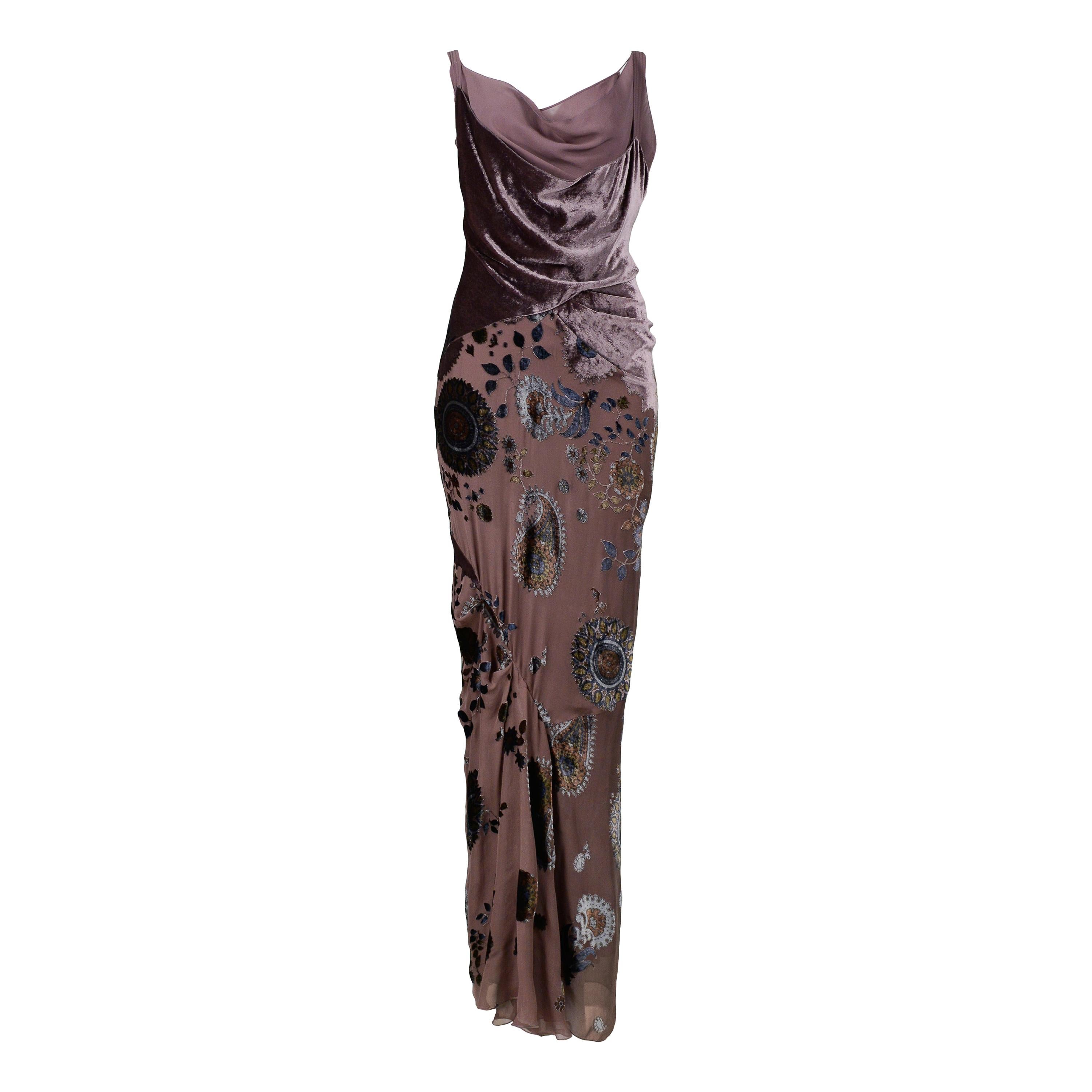 Vintage Christian Dior by Galliano Taupe Velvet Floral Devore Gown