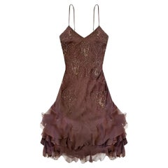 VINTAGE CHRISTIAN DIOR by JOHN GALLIANO BROWN SILK BEADED LACE MINI DRESS It 42